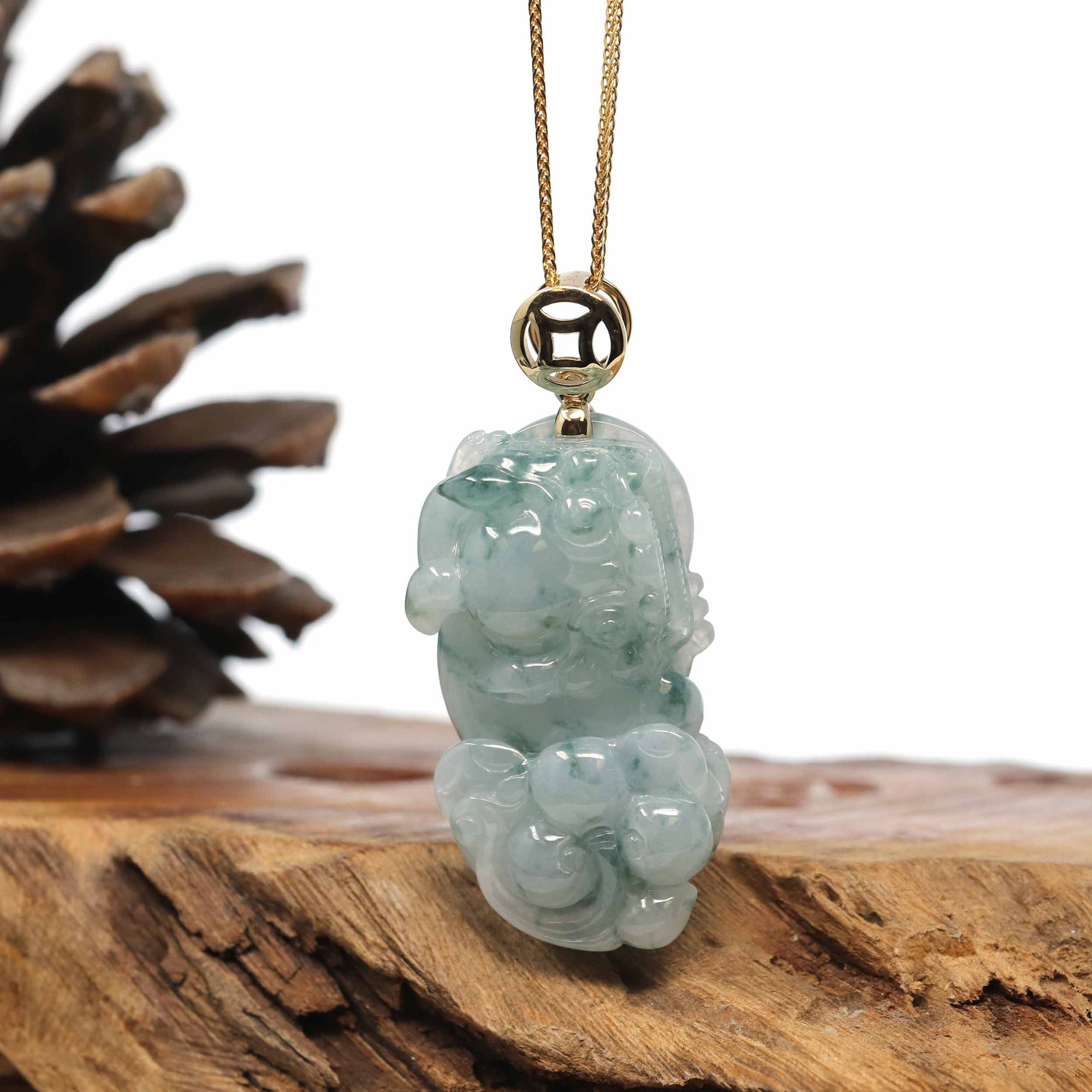 Baikalla Jewelry genuine jadeite carving Genuine Burmese Blue-Green Jadeite Jade PiXiu Pendant Necklace With 14K Gold Bail