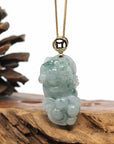 Baikalla Jewelry genuine jadeite carving Genuine Burmese Blue-Green Jadeite Jade PiXiu Pendant Necklace With 14K Gold Bail