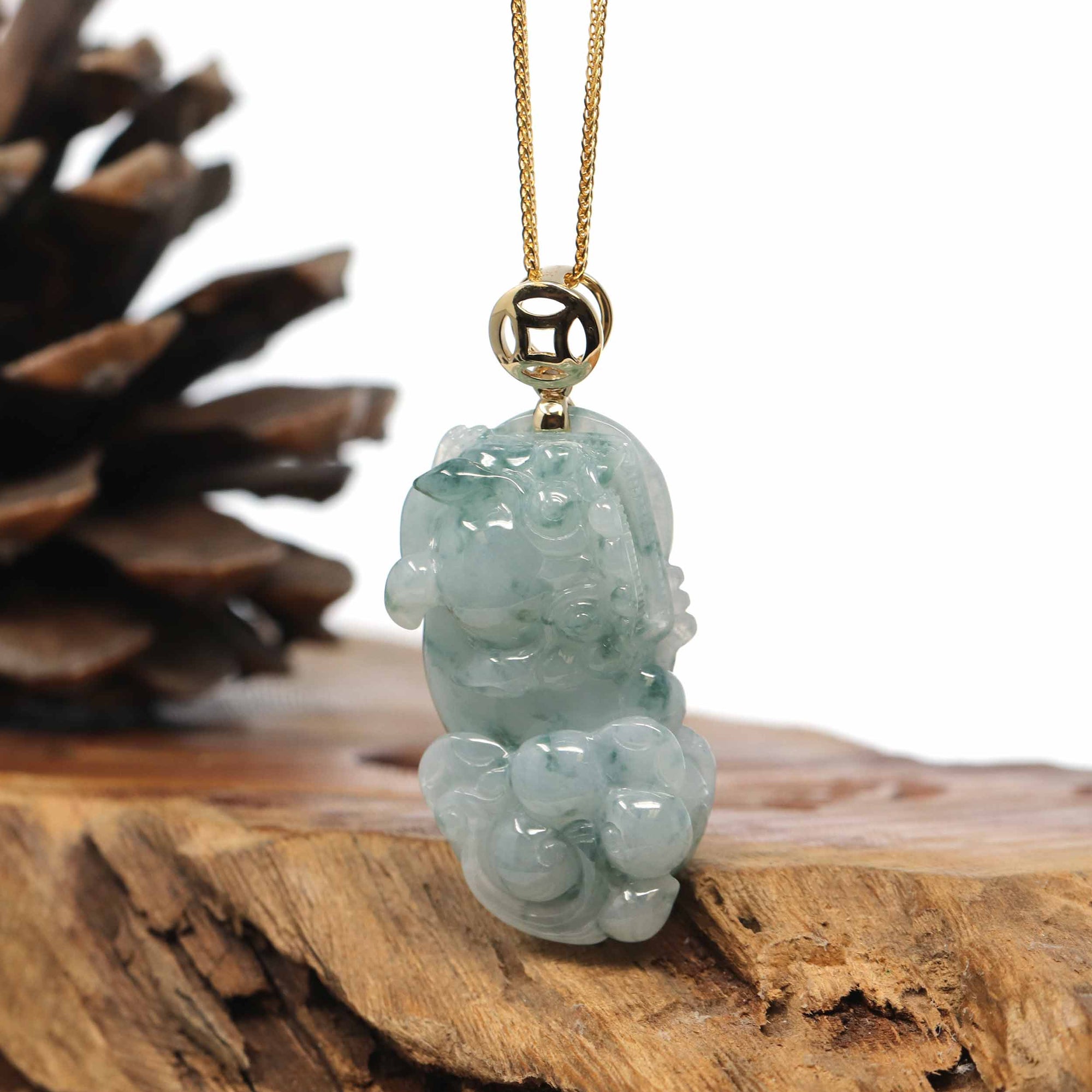 Baikalla Jewelry genuine jadeite carving Genuine Burmese Blue-Green Jadeite Jade PiXiu Pendant Necklace With 14K Gold Bail