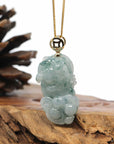 Baikalla Jewelry genuine jadeite carving Genuine Burmese Blue-Green Jadeite Jade PiXiu Pendant Necklace With 14K Gold Bail