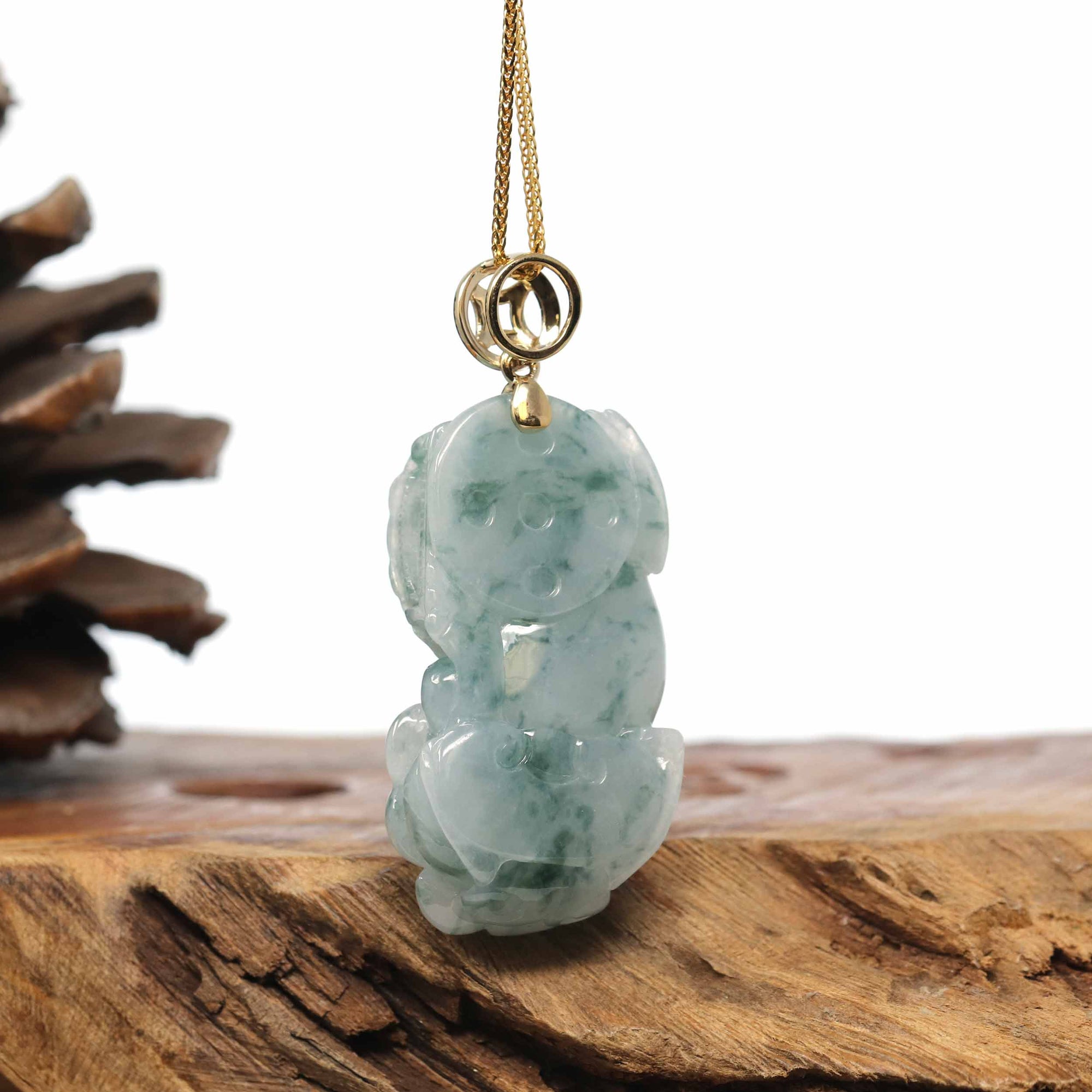 Baikalla Jewelry genuine jadeite carving Genuine Burmese Blue-Green Jadeite Jade PiXiu Pendant Necklace With 14K Gold Bail