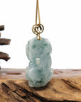 Baikalla Jewelry genuine jadeite carving Genuine Burmese Blue-Green Jadeite Jade PiXiu Pendant Necklace With 14K Gold Bail