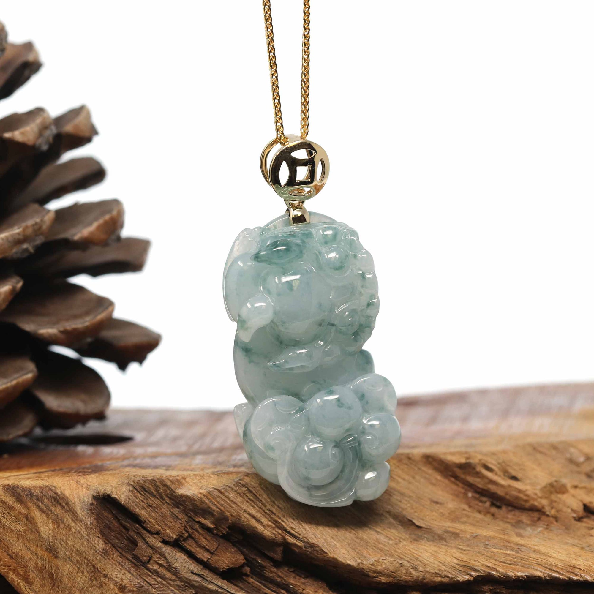 Baikalla Jewelry genuine jadeite carving Genuine Burmese Blue-Green Jadeite Jade PiXiu Pendant Necklace With 14K Gold Bail