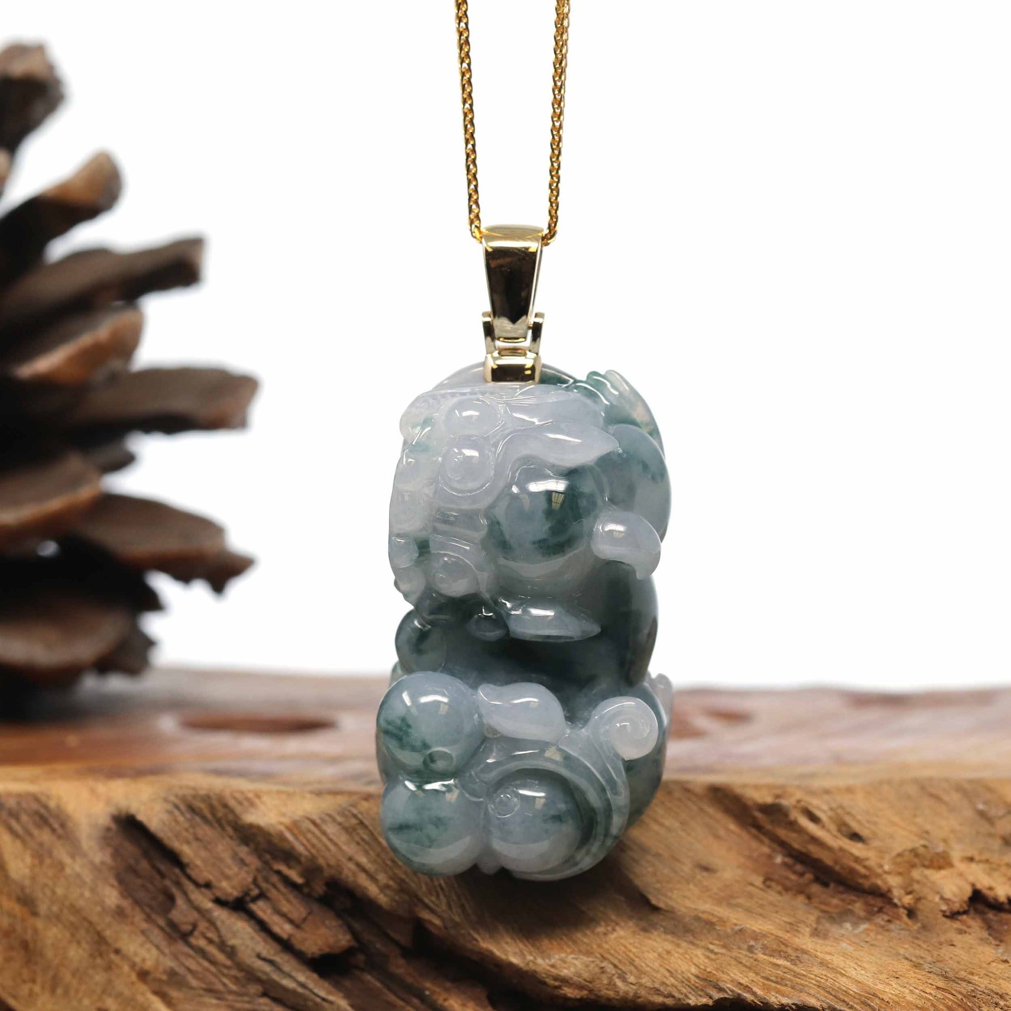 Baikalla Jewelry genuine jadeite carving Genuine Burmese Blue-Green Jadeite Jade PiXiu Pendant Necklace With 18K Gold Bail