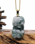 Baikalla Jewelry genuine jadeite carving Genuine Burmese Blue-Green Jadeite Jade PiXiu Pendant Necklace With 18K Gold Bail