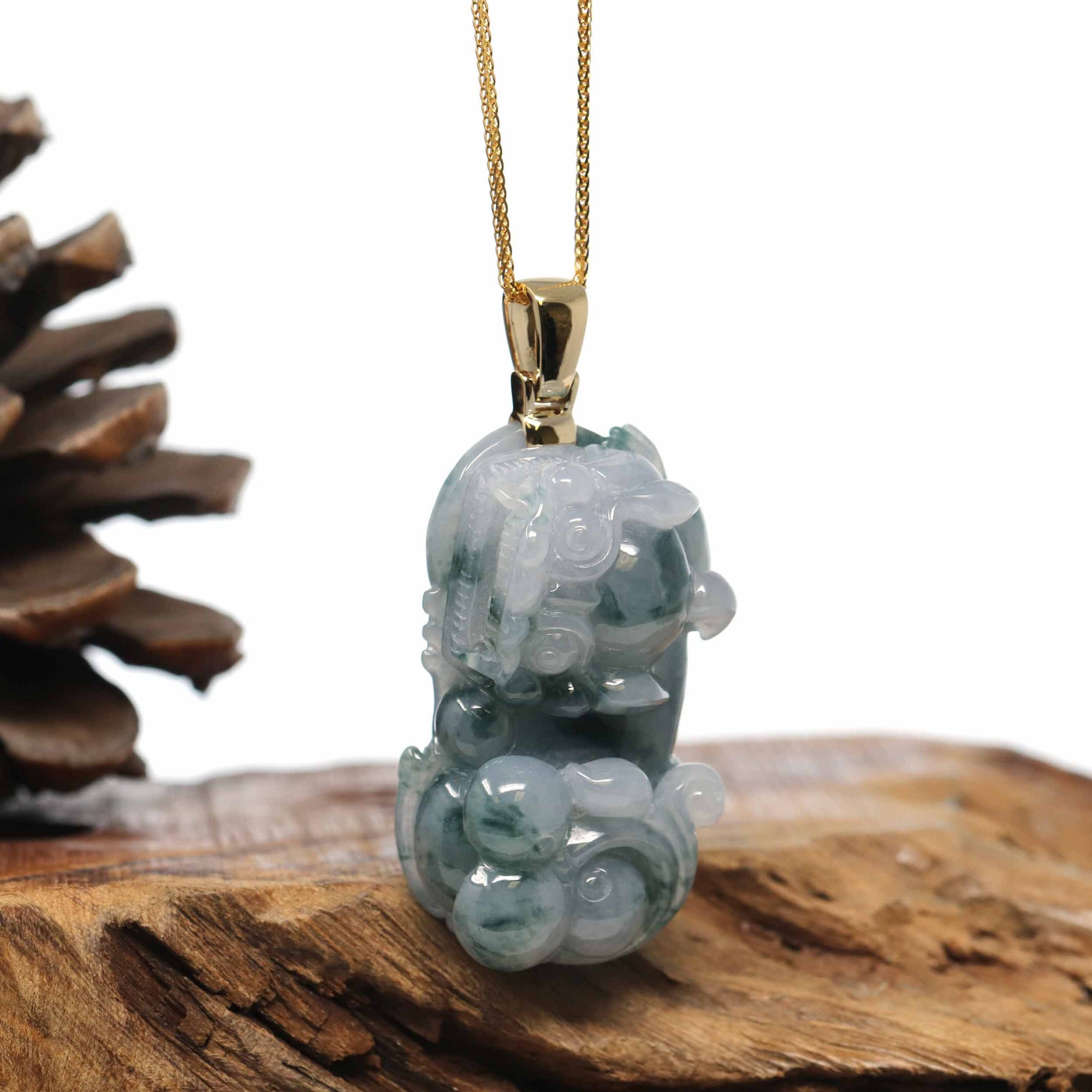 Baikalla Jewelry genuine jadeite carving Genuine Burmese Blue-Green Jadeite Jade PiXiu Pendant Necklace With 18K Gold Bail