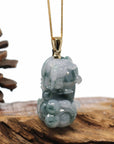 Baikalla Jewelry genuine jadeite carving Genuine Burmese Blue-Green Jadeite Jade PiXiu Pendant Necklace With 18K Gold Bail