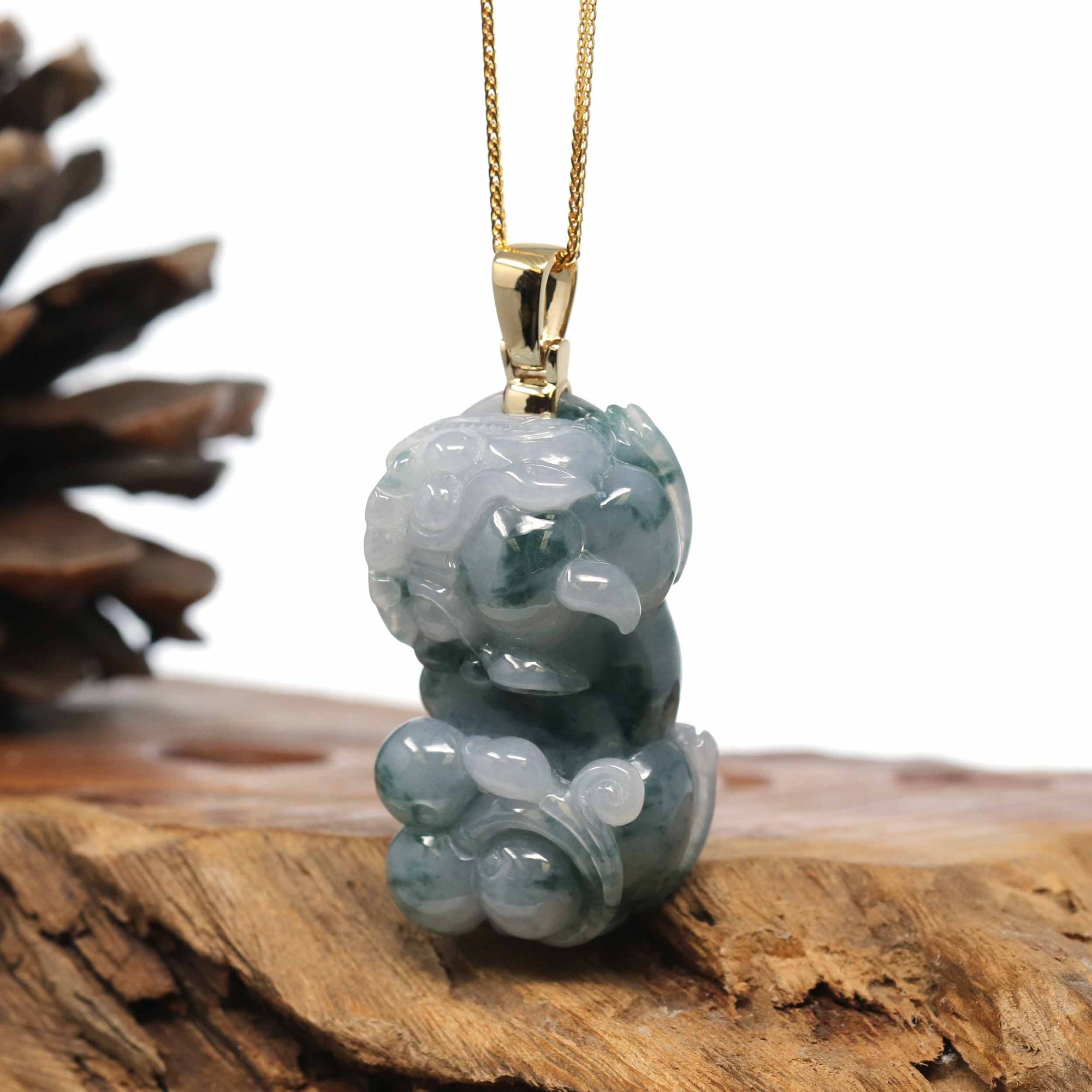 Baikalla Jewelry genuine jadeite carving Genuine Burmese Blue-Green Jadeite Jade PiXiu Pendant Necklace With 18K Gold Bail