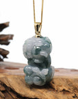 Baikalla Jewelry genuine jadeite carving Genuine Burmese Blue-Green Jadeite Jade PiXiu Pendant Necklace With 18K Gold Bail