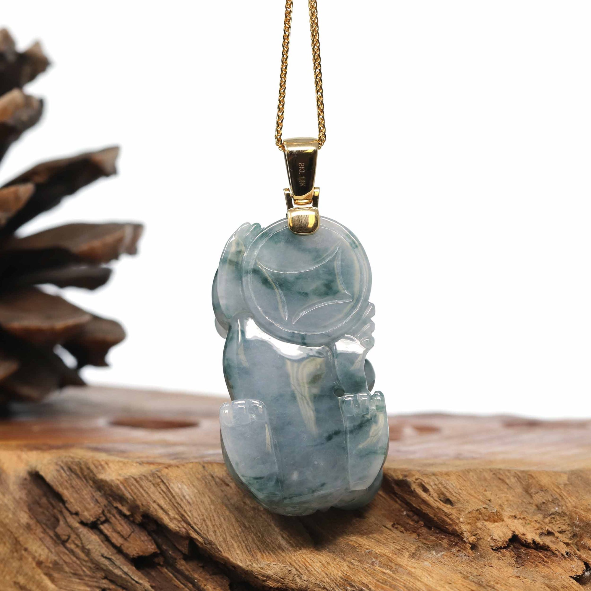 Baikalla Jewelry genuine jadeite carving Genuine Burmese Blue-Green Jadeite Jade PiXiu Pendant Necklace With 18K Gold Bail