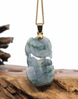 Baikalla Jewelry genuine jadeite carving Genuine Burmese Blue-Green Jadeite Jade PiXiu Pendant Necklace With 18K Gold Bail