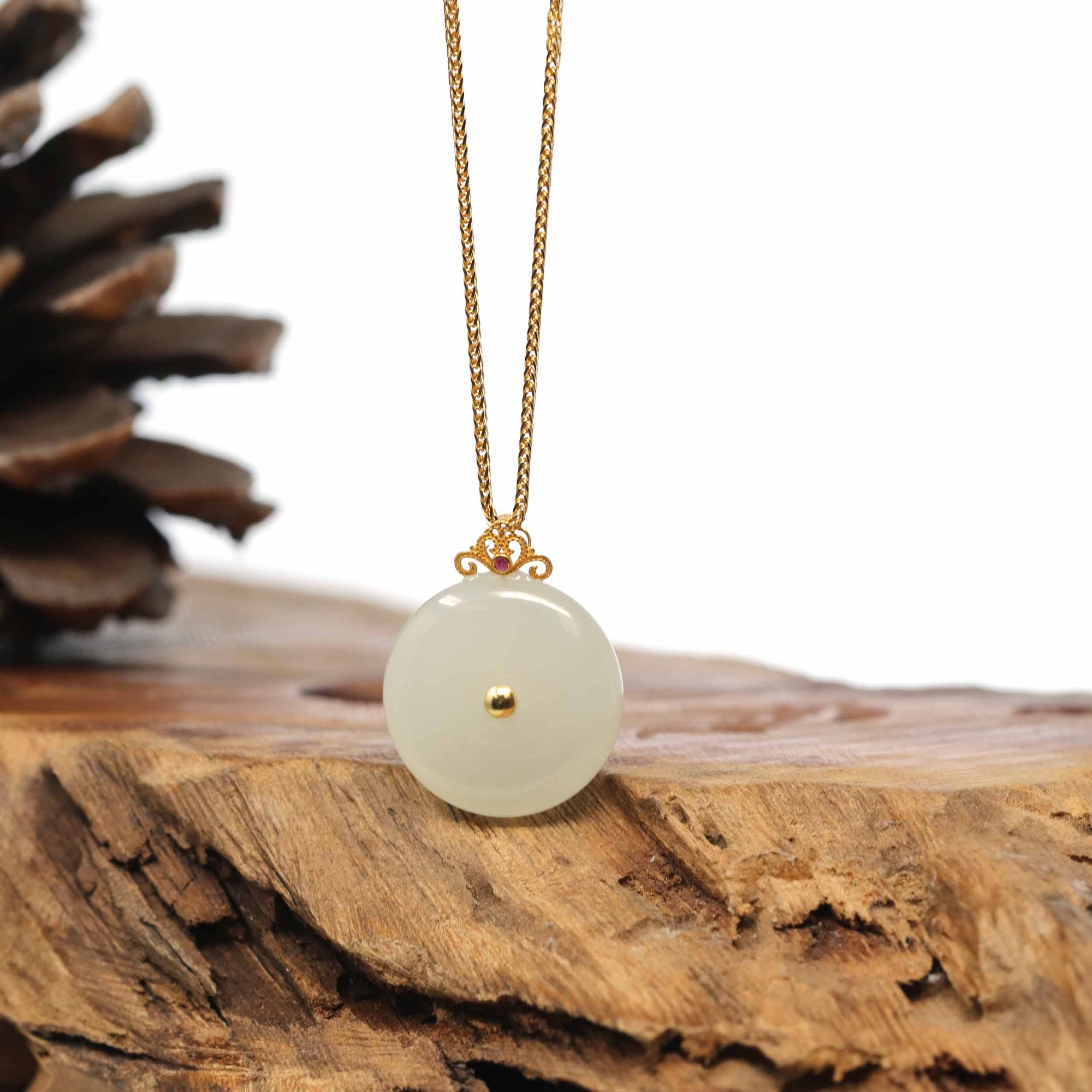 Baikalla Jewelry Gold Jade Pendant Genuine White Nephrite Jade Lucky Kou Kou Pendant Necklace With 18k Gold Bail