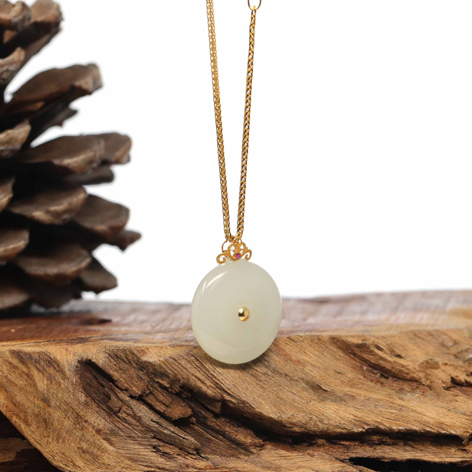 Baikalla Jewelry Gold Jade Pendant Genuine White Nephrite Jade Lucky Kou Kou Pendant Necklace With 18k Gold Bail