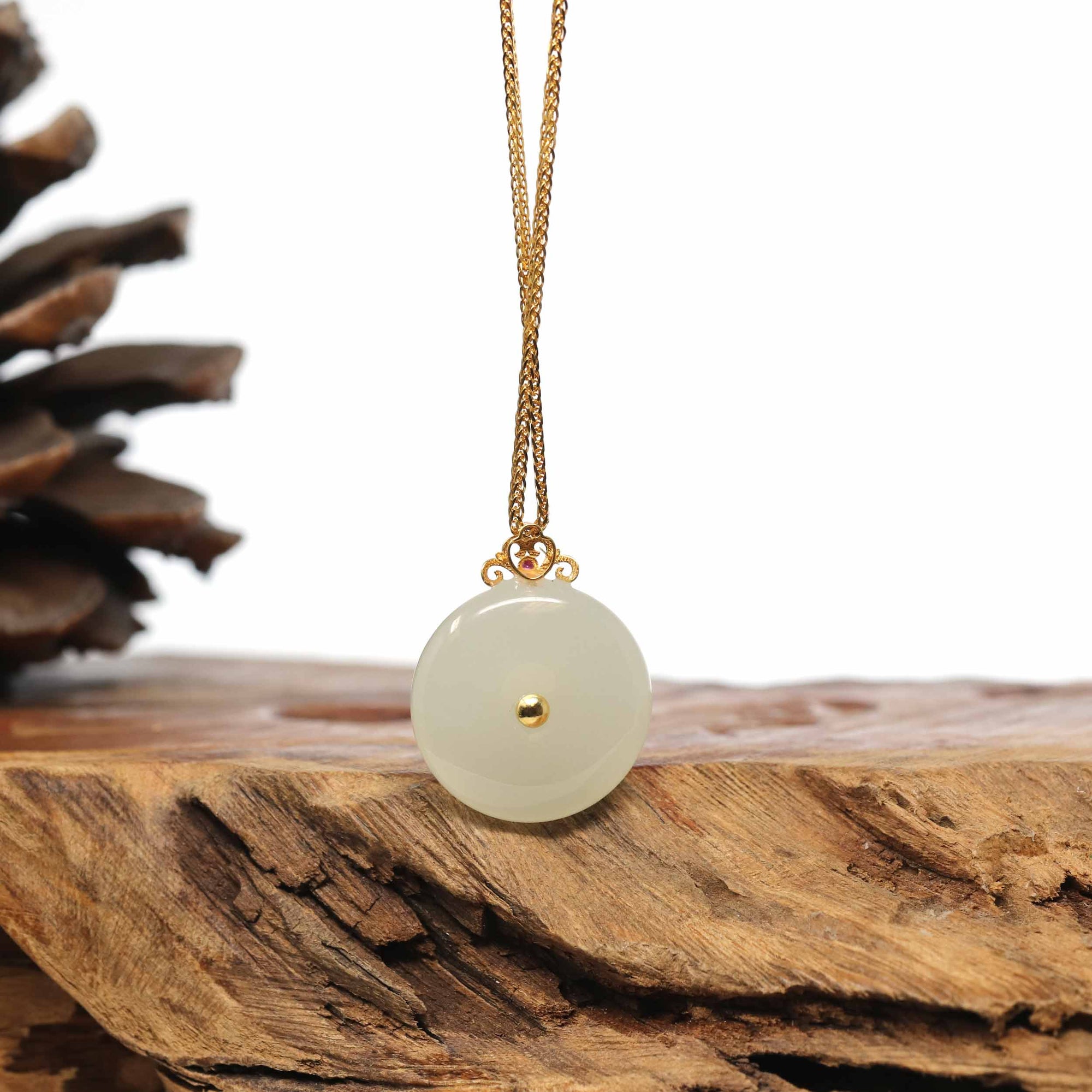 Baikalla Jewelry Gold Jade Pendant Genuine White Nephrite Jade Lucky Kou Kou Pendant Necklace With 18k Gold Bail