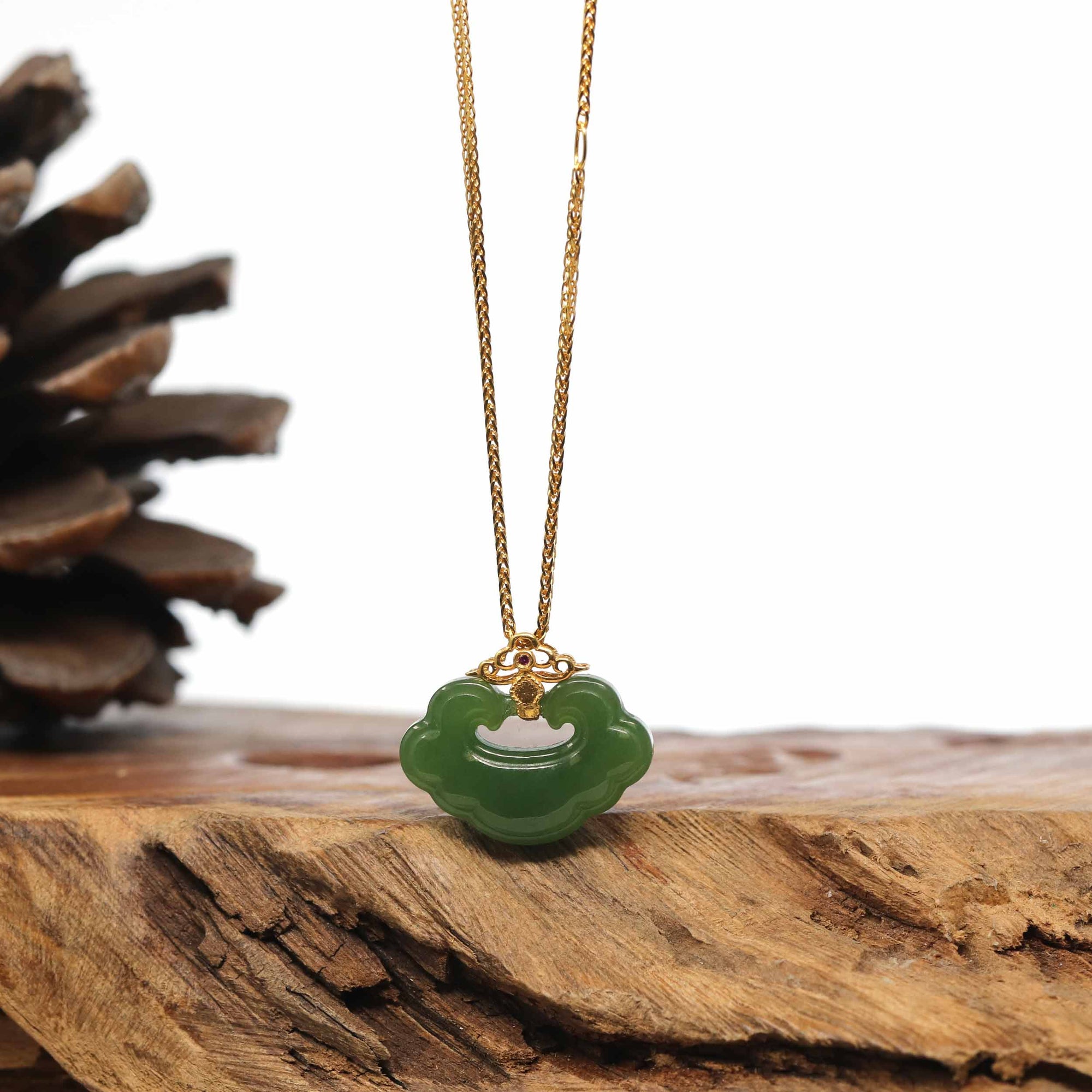 Baikalla Jewelry Gold Jade Pendant Genuine Green Nephrite Jade RuYi Pendant Necklace With 18k Gold Bail