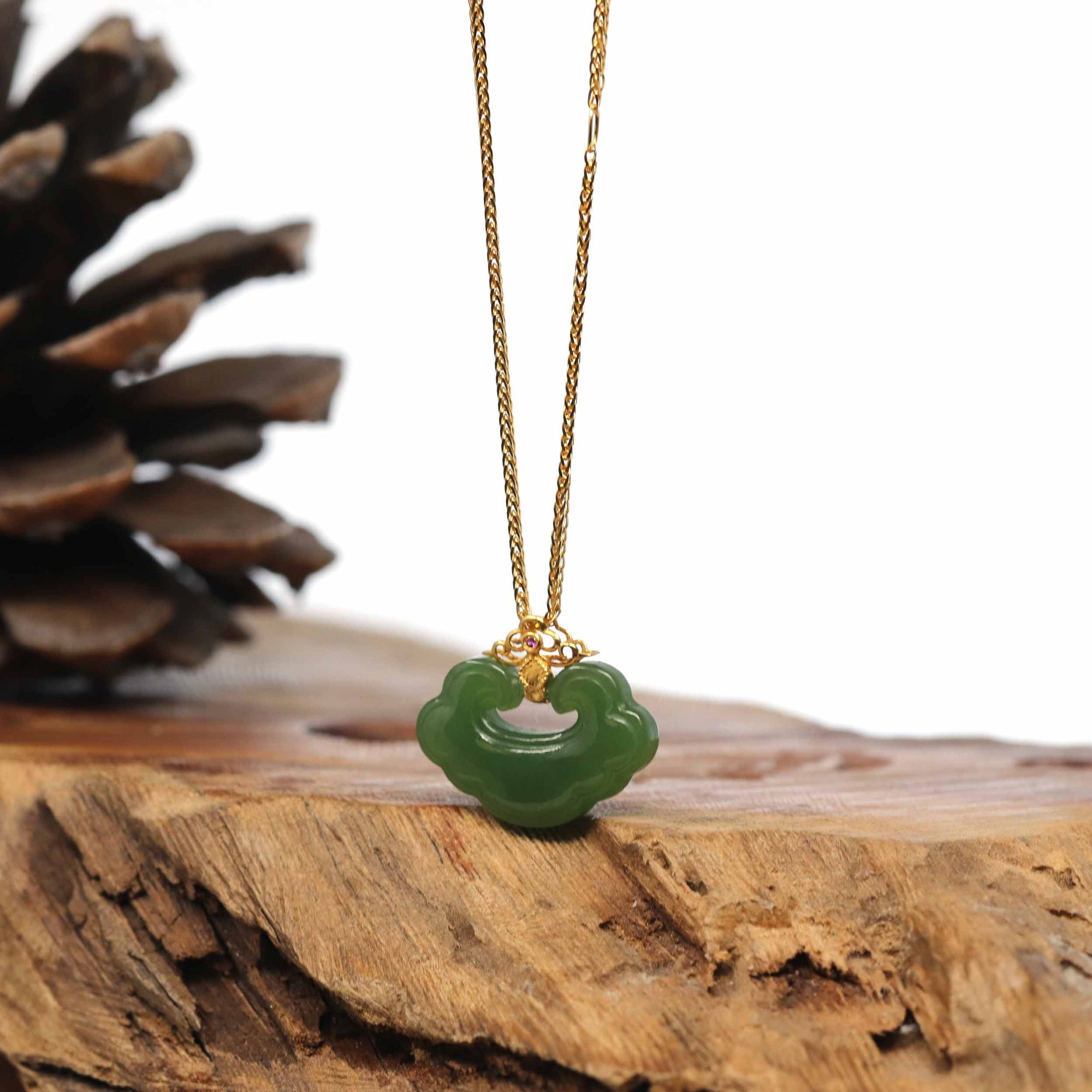 Baikalla Jewelry Gold Jade Pendant Genuine Green Nephrite Jade RuYi Pendant Necklace With 18k Gold Bail