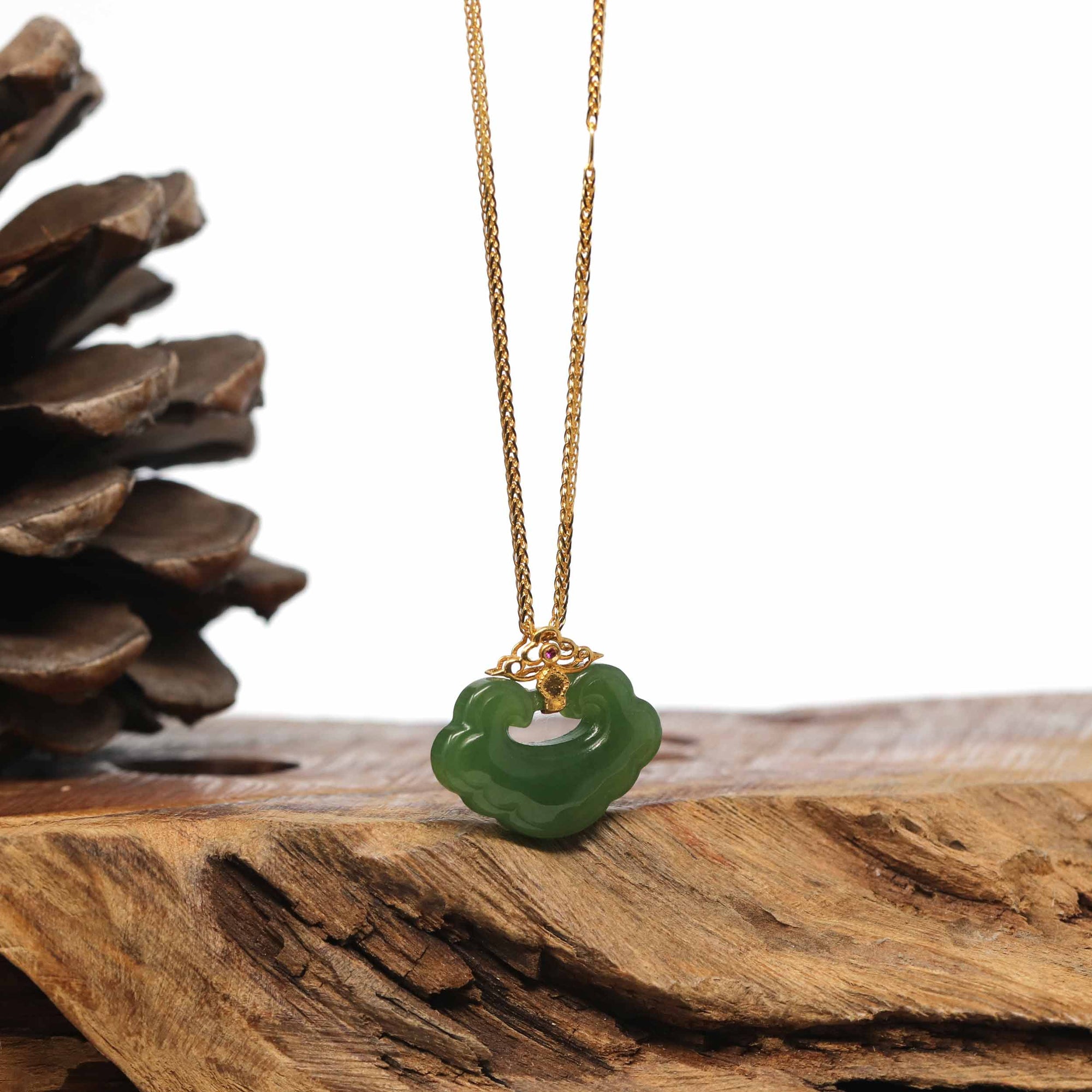 Baikalla Jewelry Gold Jade Pendant Genuine Green Nephrite Jade RuYi Pendant Necklace With 18k Gold Bail