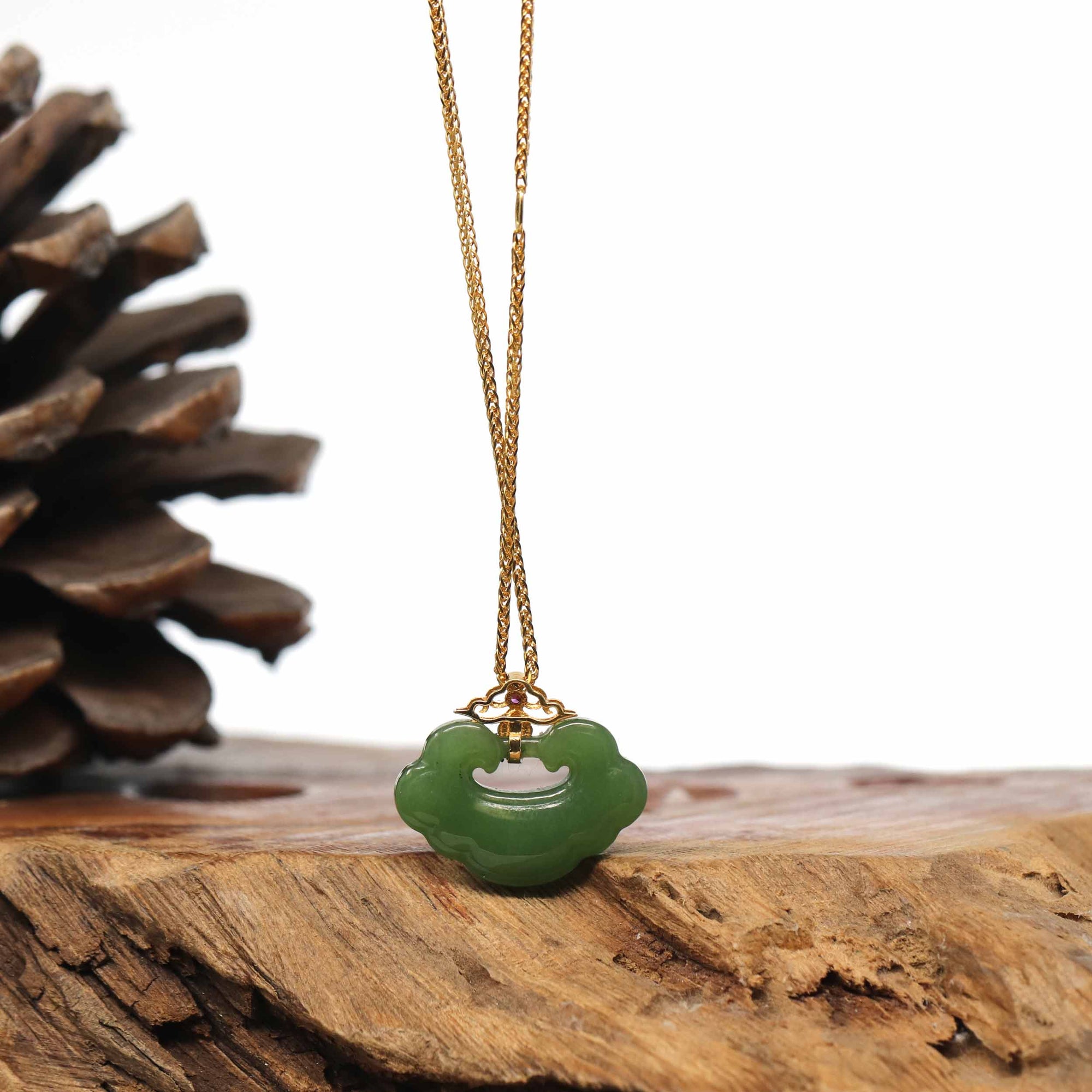 Baikalla Jewelry Gold Jade Pendant Genuine Green Nephrite Jade RuYi Pendant Necklace With 18k Gold Bail