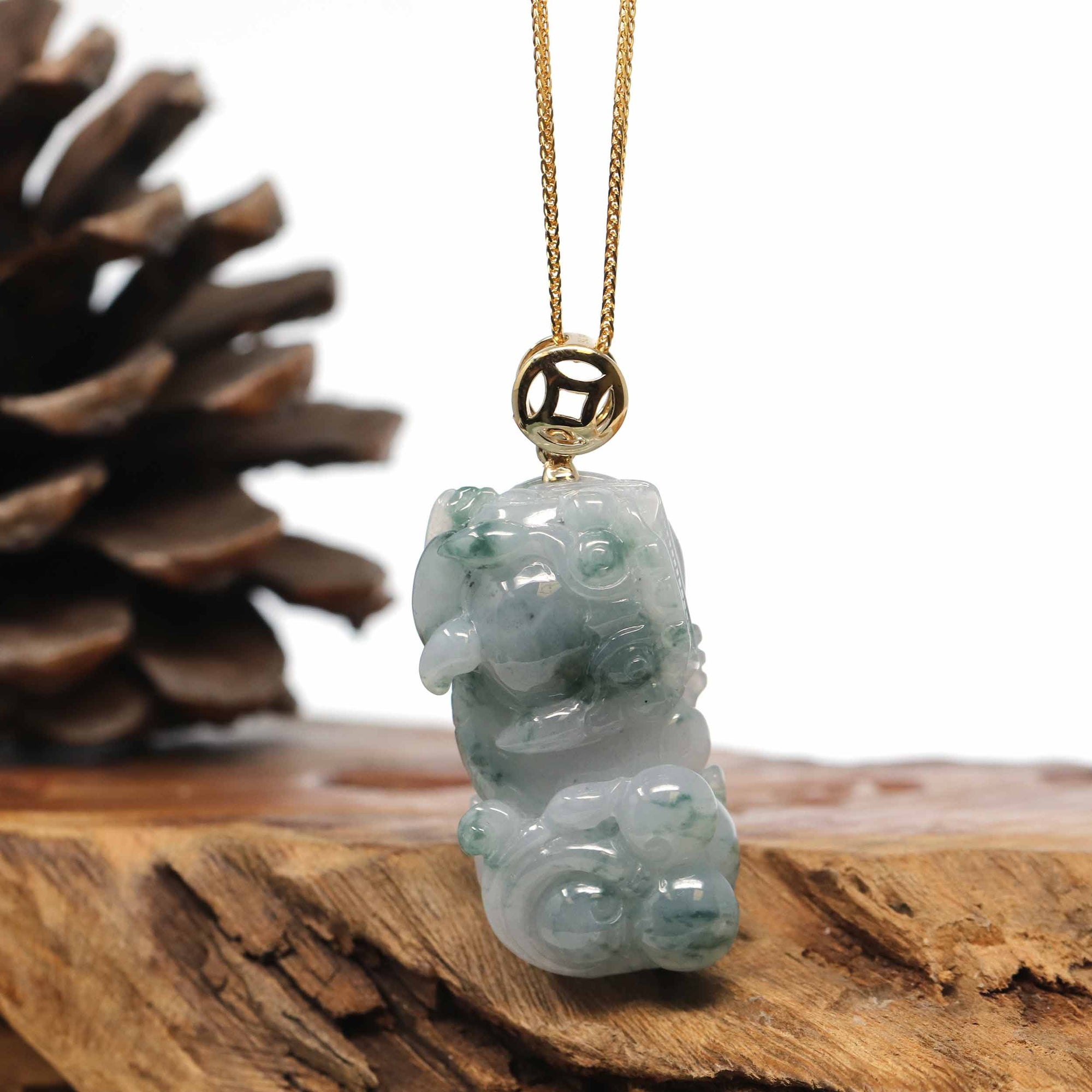 Baikalla Jewelry genuine jadeite carving Genuine Burmese Blue-Green Jadeite Jade PiXiu Pendant Necklace With 18K Gold Bail