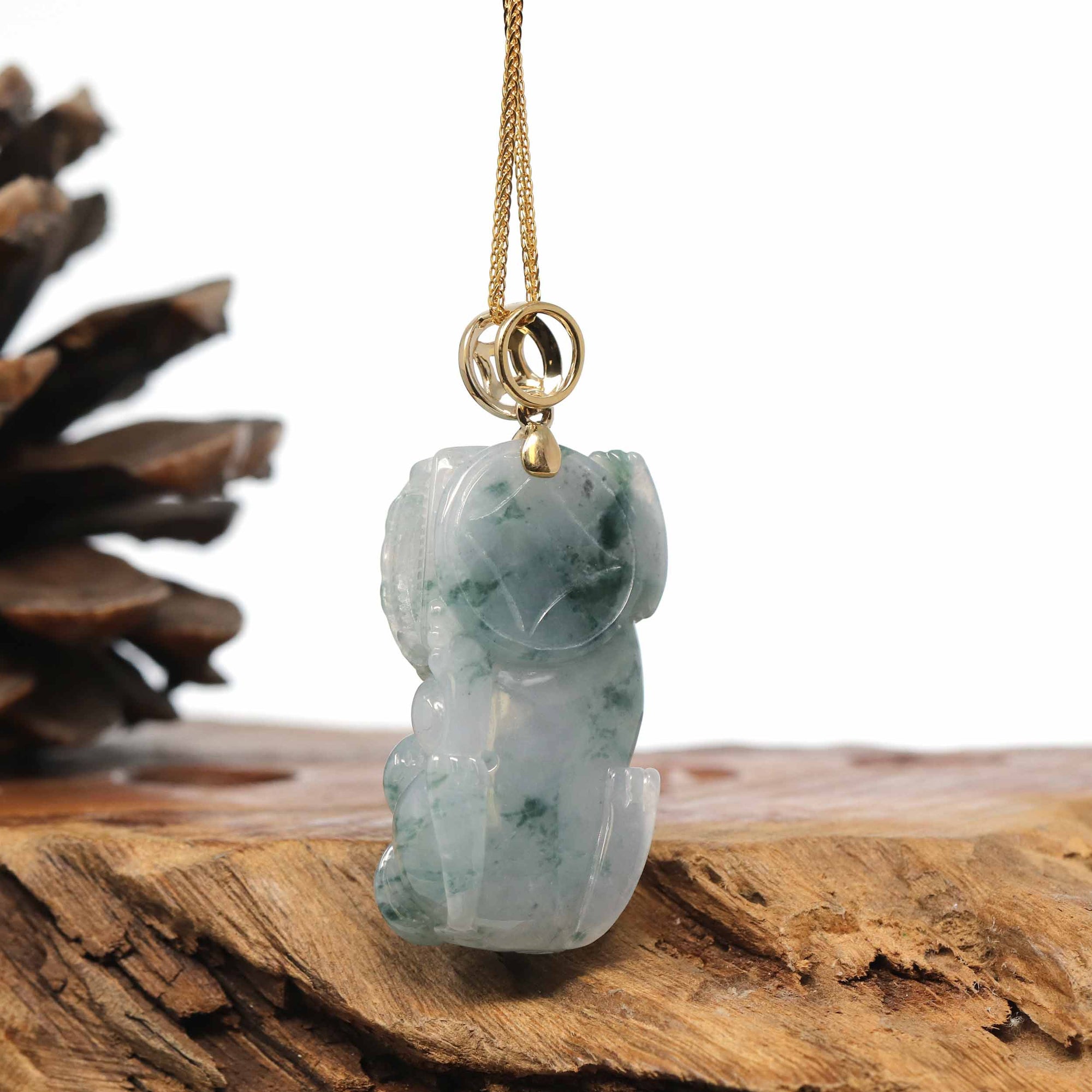 Baikalla Jewelry genuine jadeite carving Genuine Burmese Blue-Green Jadeite Jade PiXiu Pendant Necklace With 18K Gold Bail