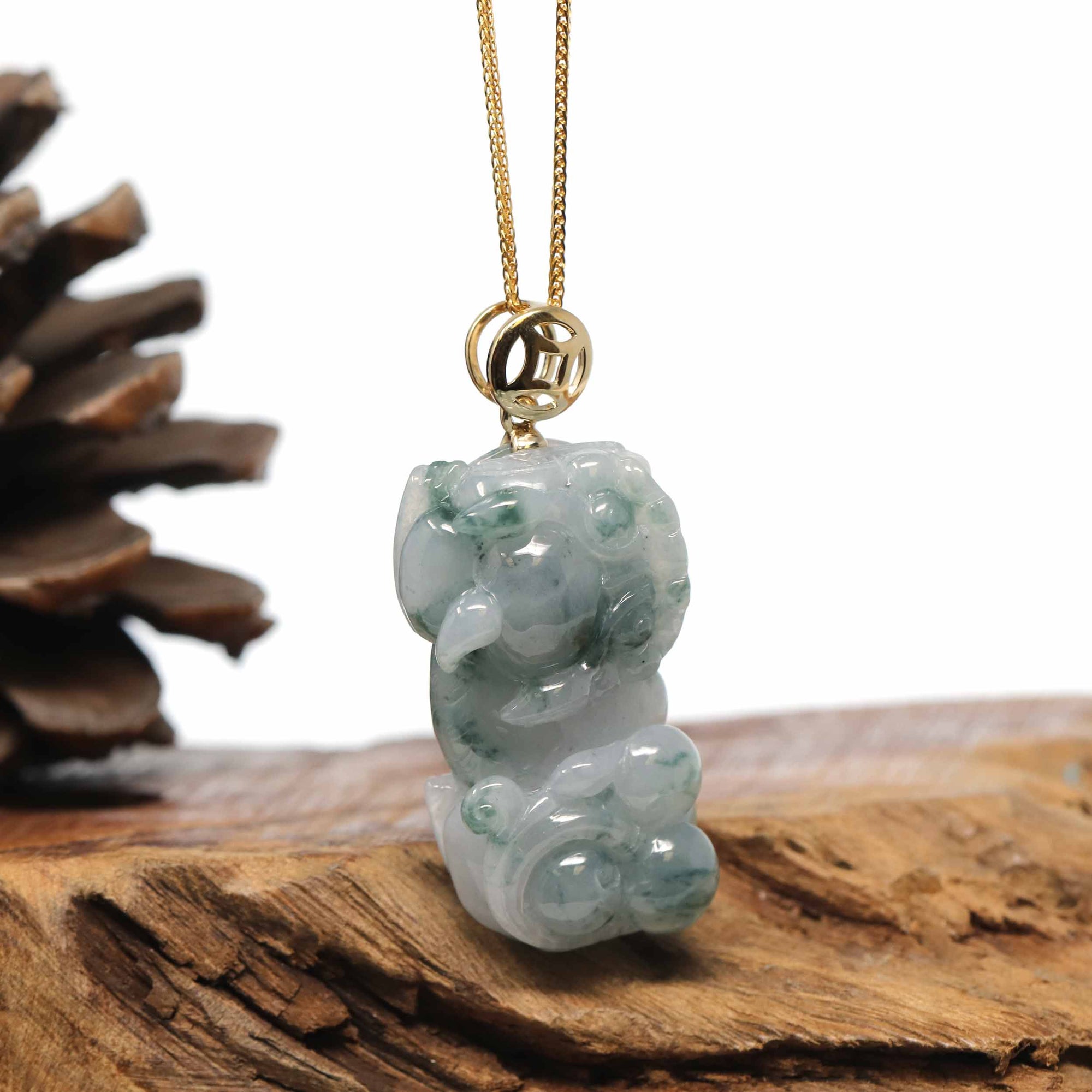 Baikalla Jewelry genuine jadeite carving Genuine Burmese Blue-Green Jadeite Jade PiXiu Pendant Necklace With 18K Gold Bail