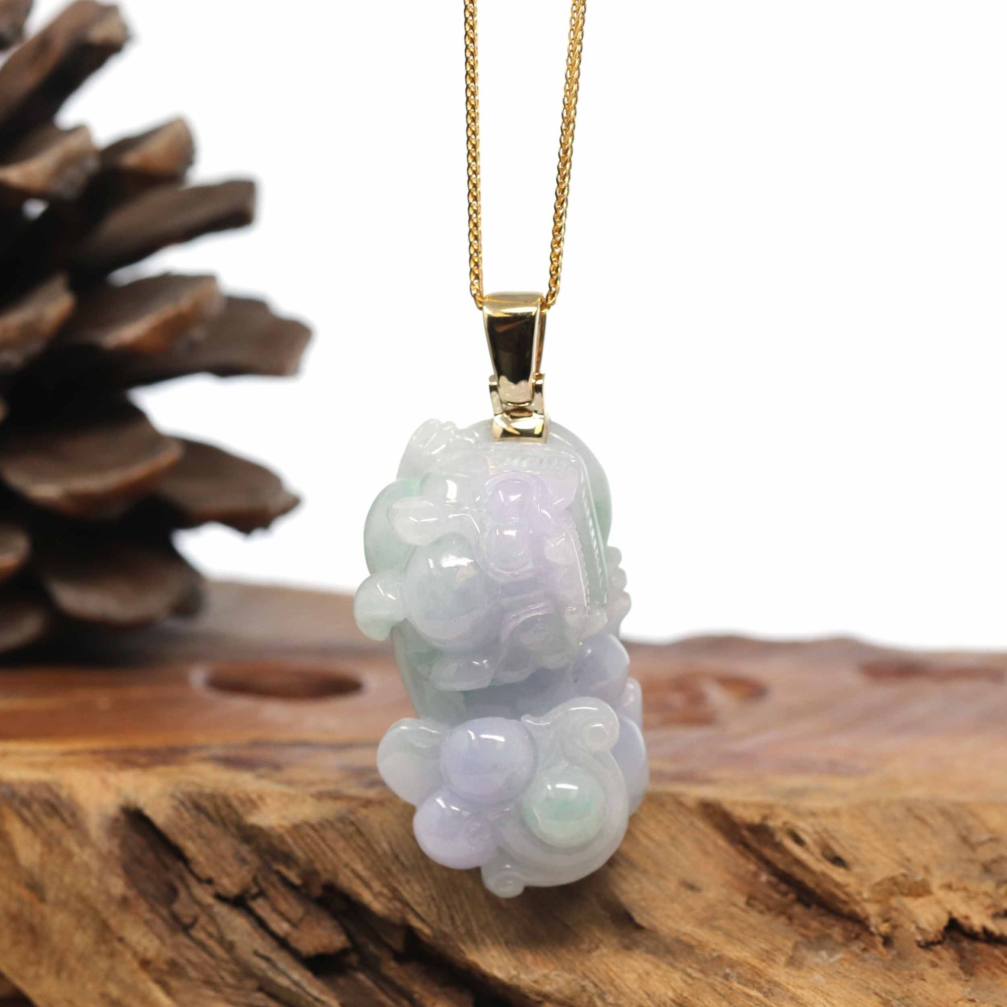 Baikalla Jewelry genuine jadeite carving Genuine Burmese Lavender-Green Jadeite Jade PiXiu Pendant Necklace With 18K Gold Bail