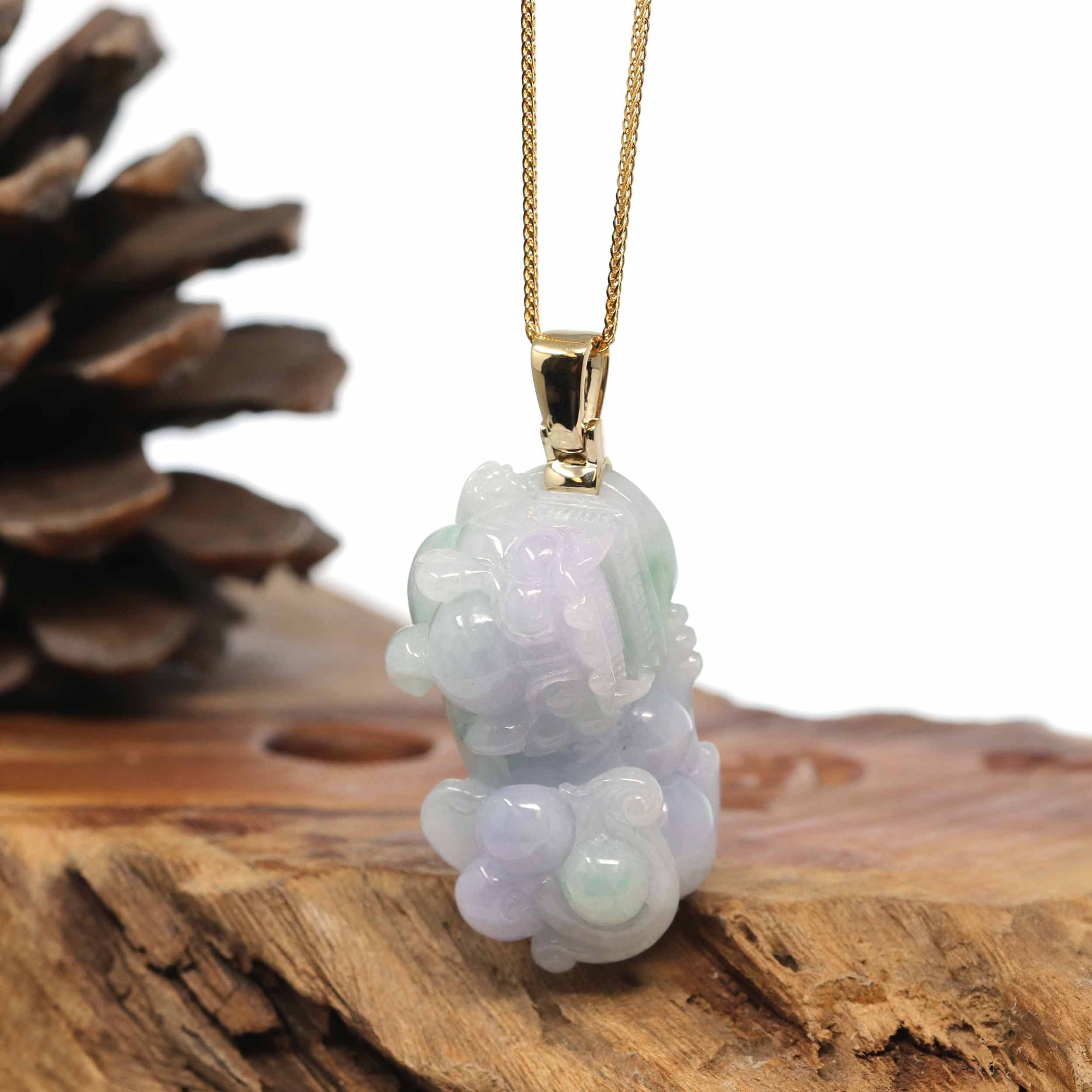 Baikalla Jewelry genuine jadeite carving Genuine Burmese Lavender-Green Jadeite Jade PiXiu Pendant Necklace With 18K Gold Bail