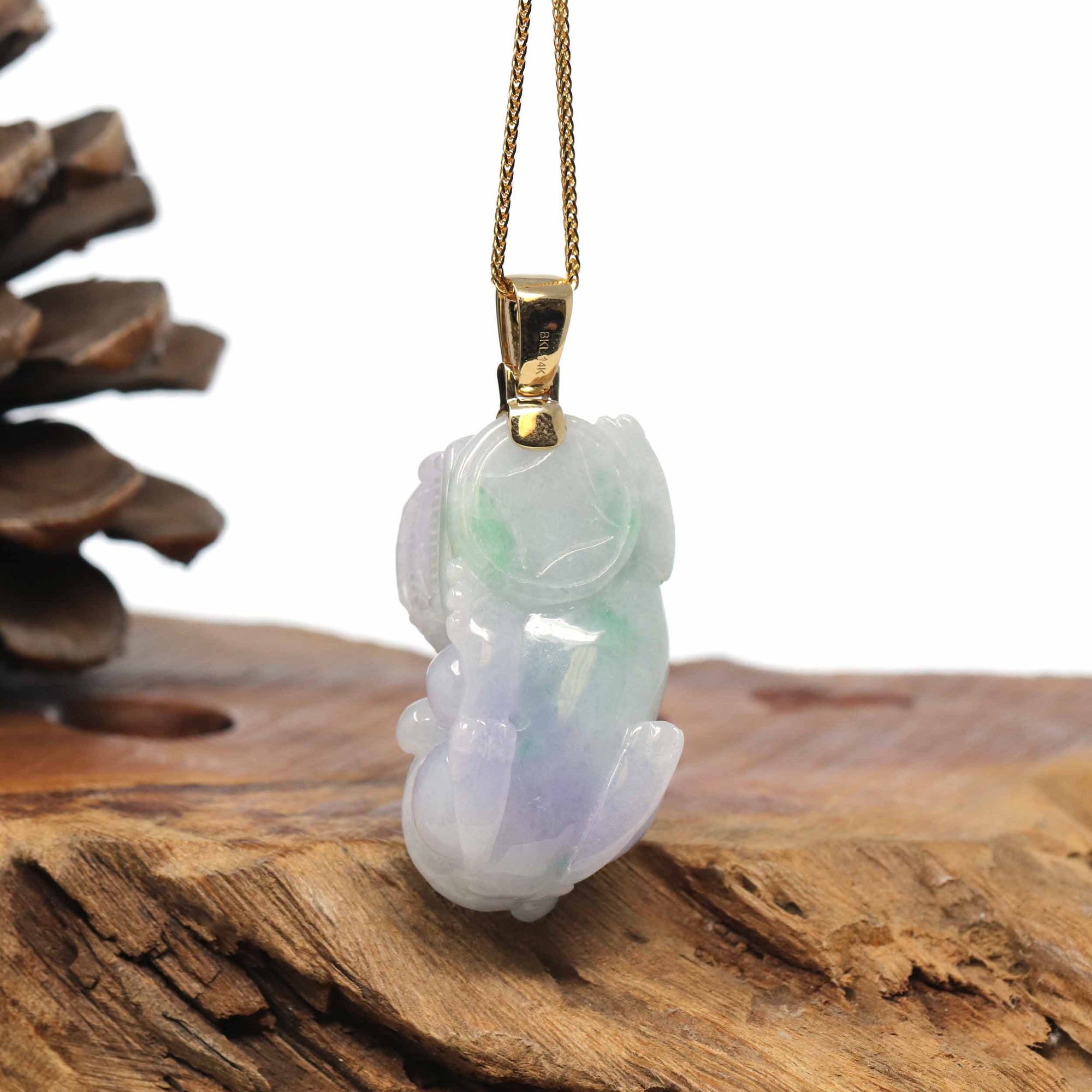 Baikalla Jewelry genuine jadeite carving Genuine Burmese Lavender-Green Jadeite Jade PiXiu Pendant Necklace With 18K Gold Bail