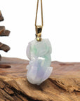 Baikalla Jewelry genuine jadeite carving Genuine Burmese Lavender-Green Jadeite Jade PiXiu Pendant Necklace With 18K Gold Bail