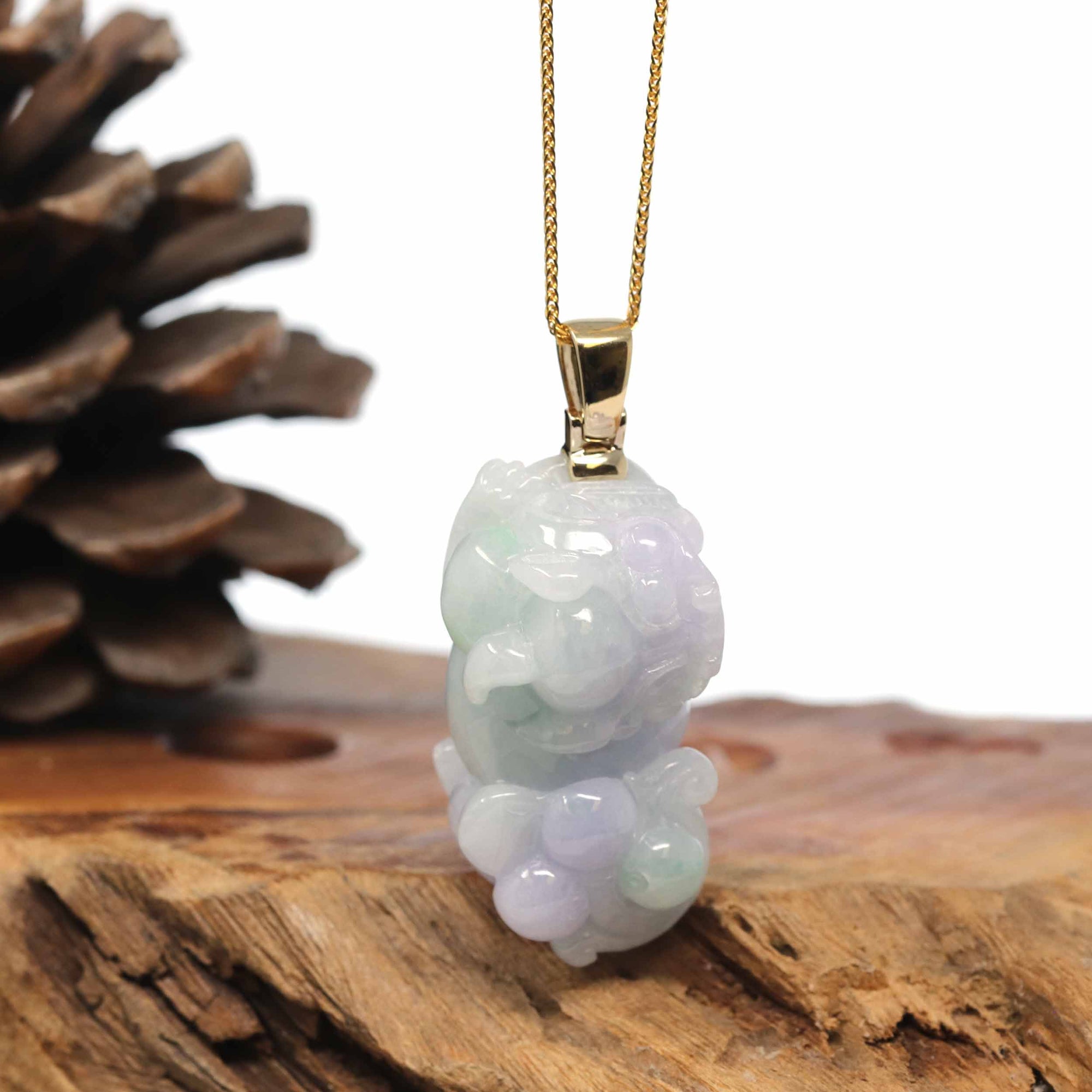 Baikalla Jewelry genuine jadeite carving Genuine Burmese Lavender-Green Jadeite Jade PiXiu Pendant Necklace With 18K Gold Bail