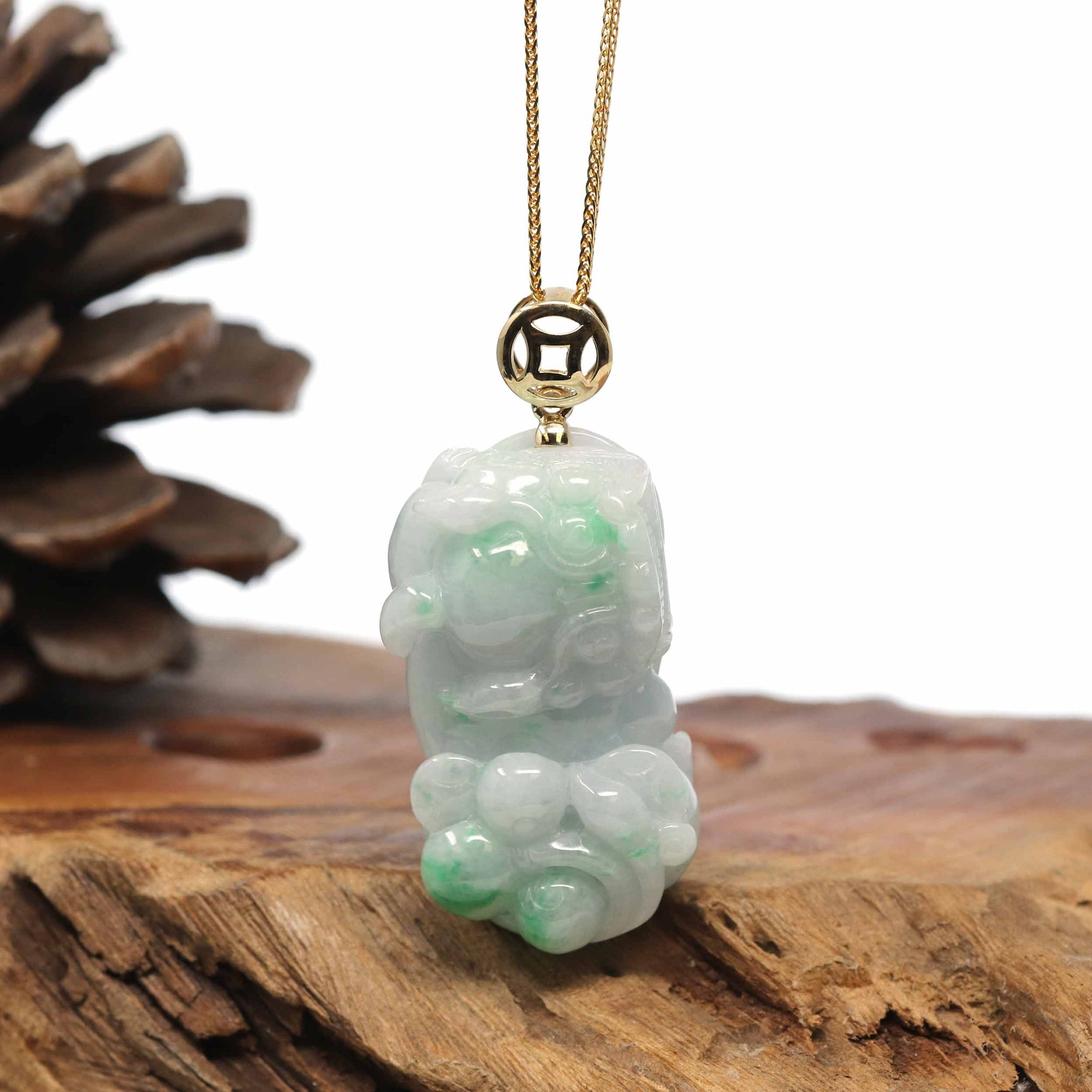 Baikalla Jewelry genuine jadeite carving Genuine Burmese Lavender-Green Jadeite Jade PiXiu Pendant Necklace With 18K Gold Bail