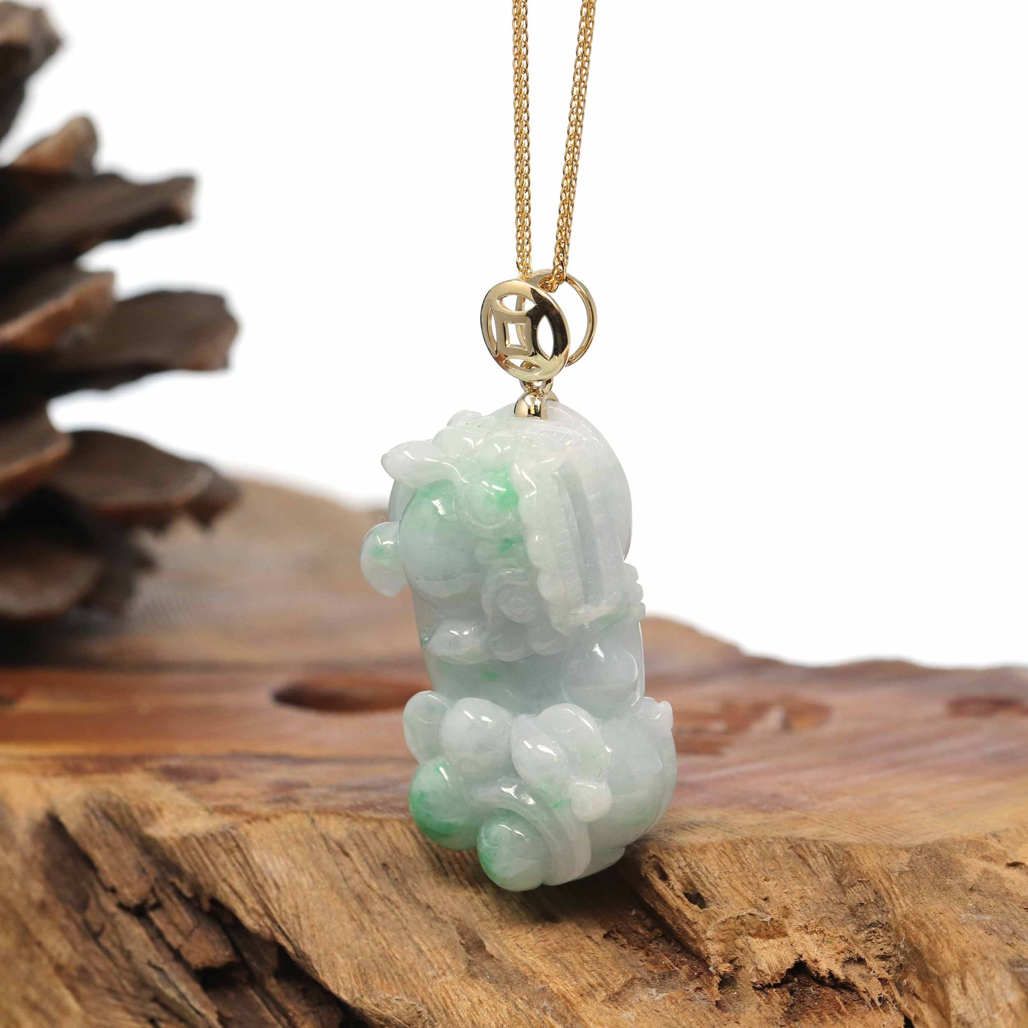 Baikalla Jewelry genuine jadeite carving Genuine Burmese Lavender-Green Jadeite Jade PiXiu Pendant Necklace With 18K Gold Bail