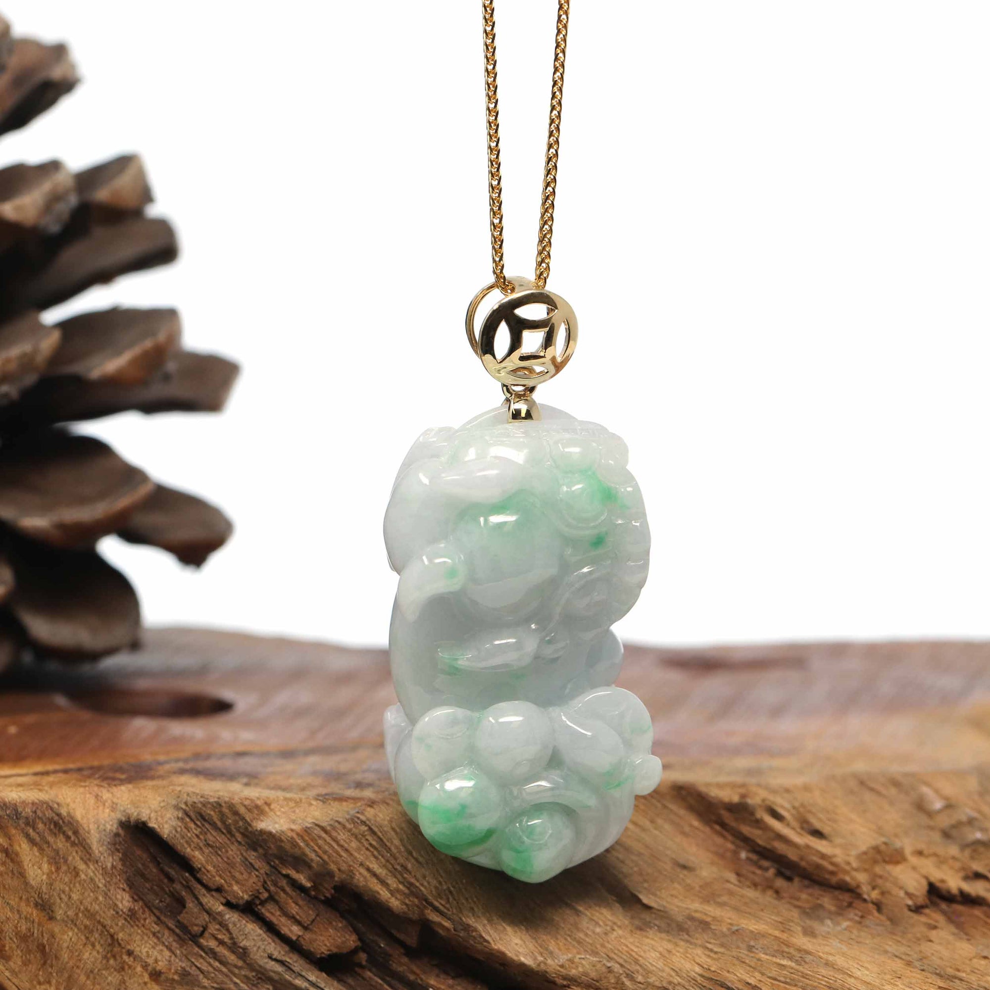 Baikalla Jewelry genuine jadeite carving Genuine Burmese Lavender-Green Jadeite Jade PiXiu Pendant Necklace With 18K Gold Bail