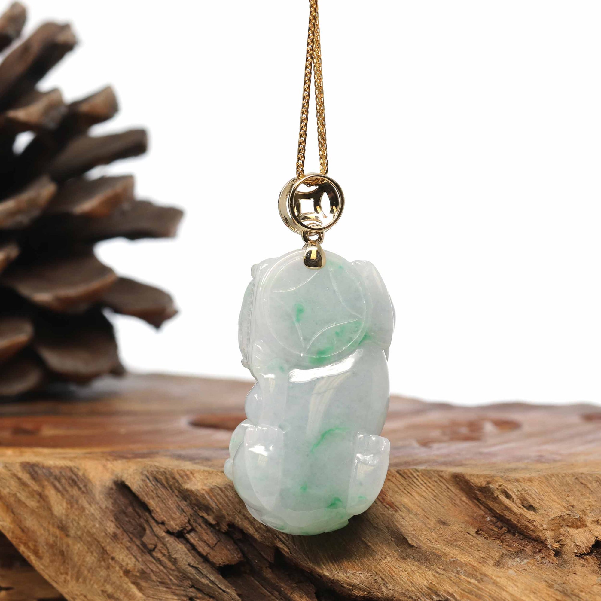 Baikalla Jewelry genuine jadeite carving Genuine Burmese Lavender-Green Jadeite Jade PiXiu Pendant Necklace With 18K Gold Bail