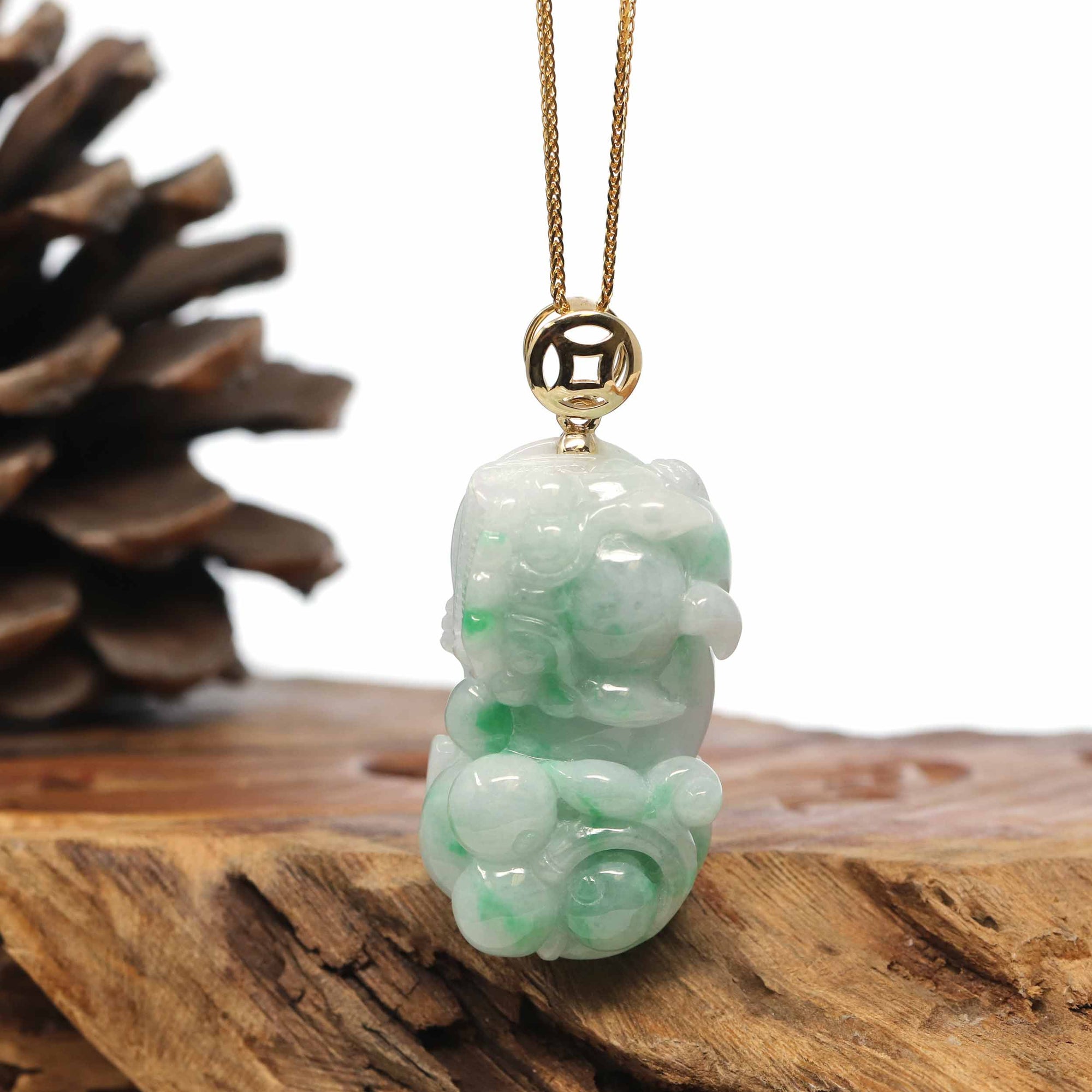 Baikalla Jewelry genuine jadeite carving Genuine Burmese Apple Green Jadeite Jade PiXiu Pendant Necklace With 18K Gold Bail