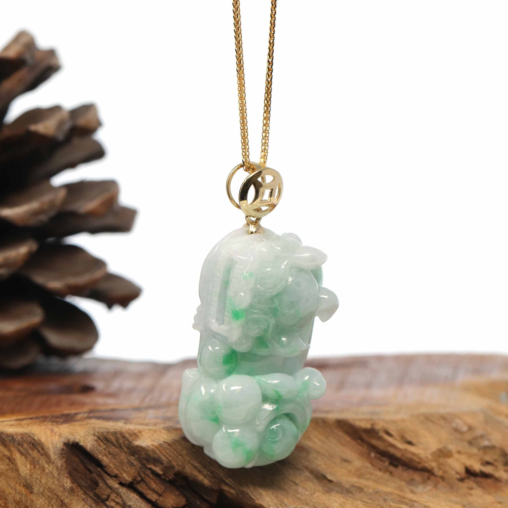 Baikalla Jewelry genuine jadeite carving Genuine Burmese Apple Green Jadeite Jade PiXiu Pendant Necklace With 18K Gold Bail