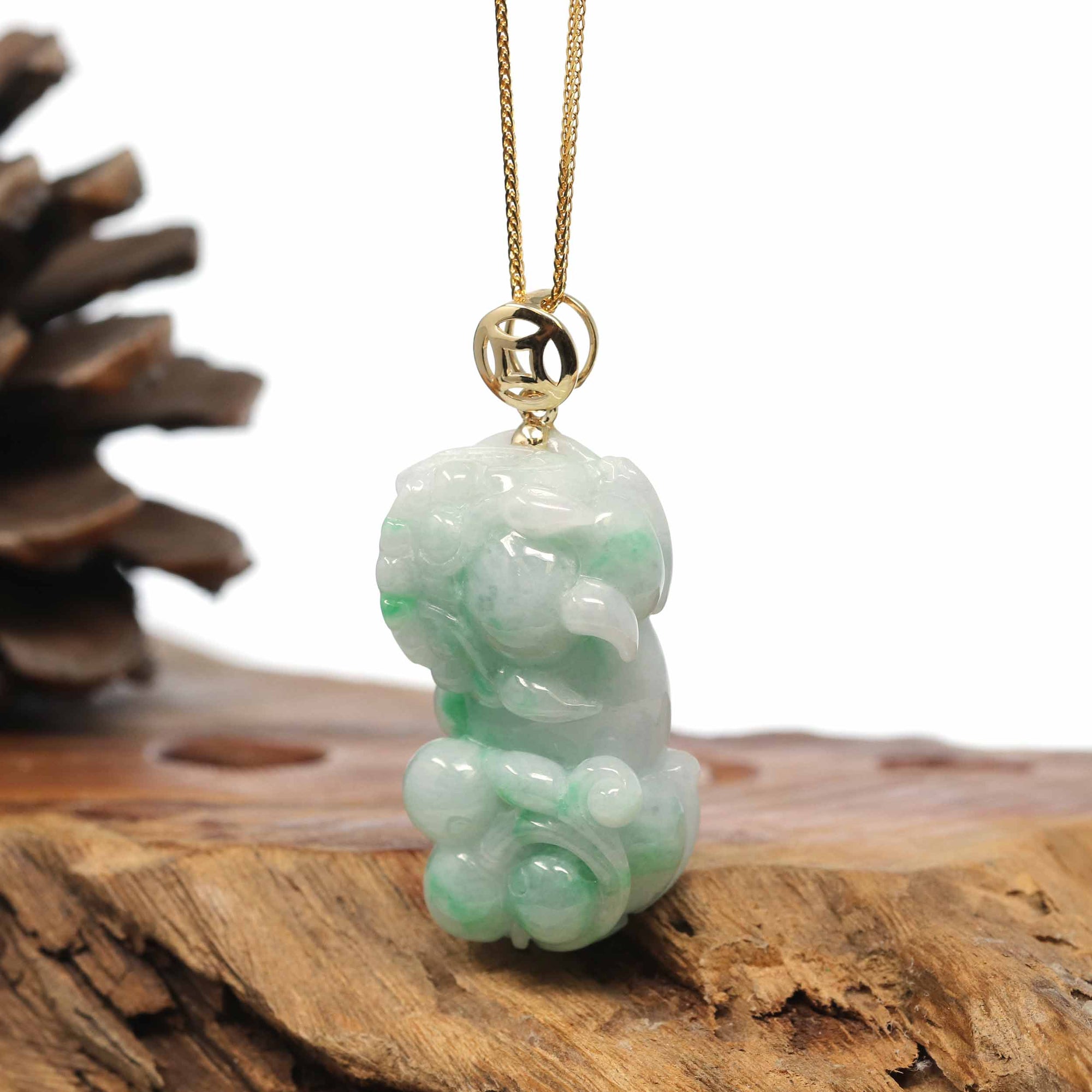 Baikalla Jewelry genuine jadeite carving Genuine Burmese Apple Green Jadeite Jade PiXiu Pendant Necklace With 18K Gold Bail