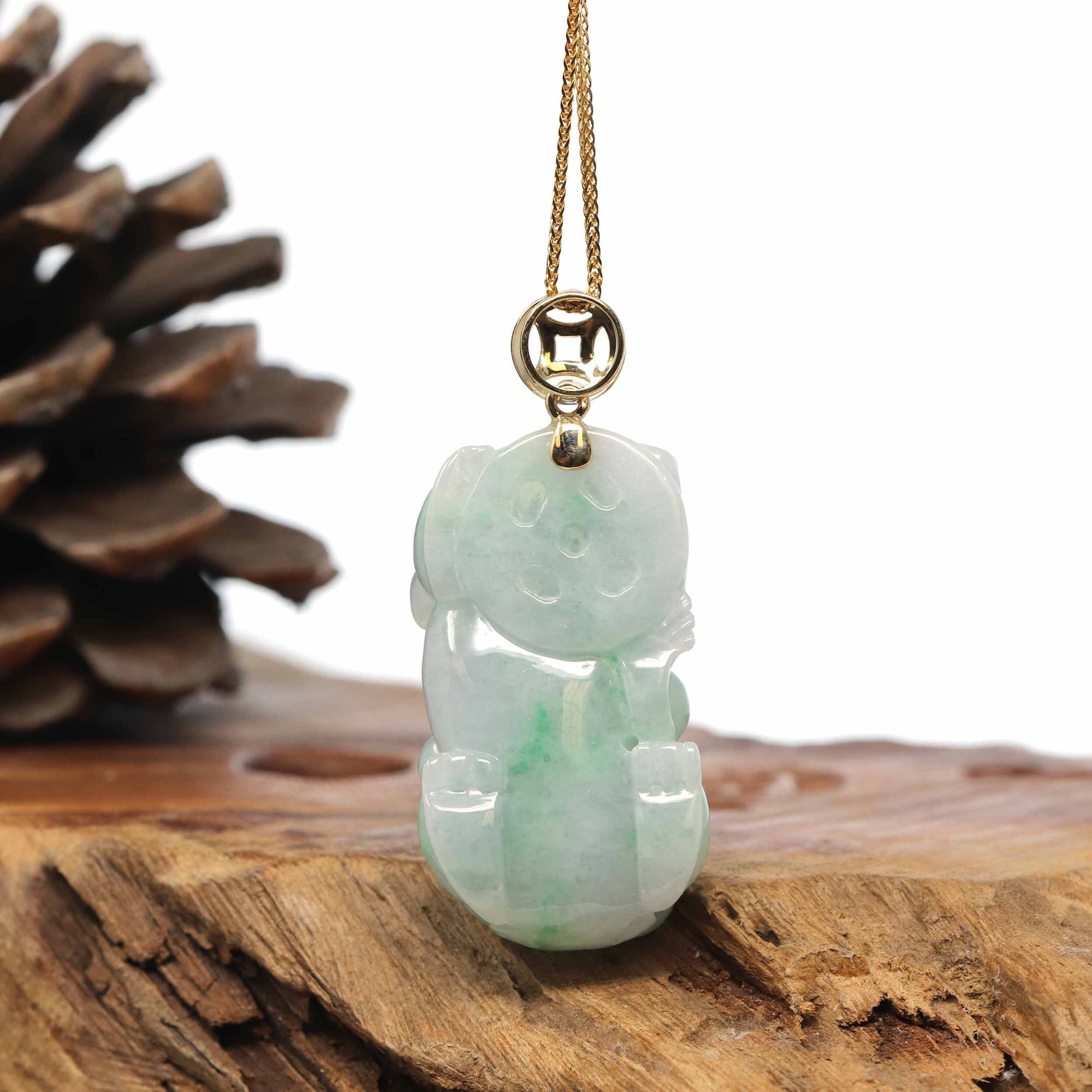 Baikalla Jewelry genuine jadeite carving Genuine Burmese Apple Green Jadeite Jade PiXiu Pendant Necklace With 18K Gold Bail