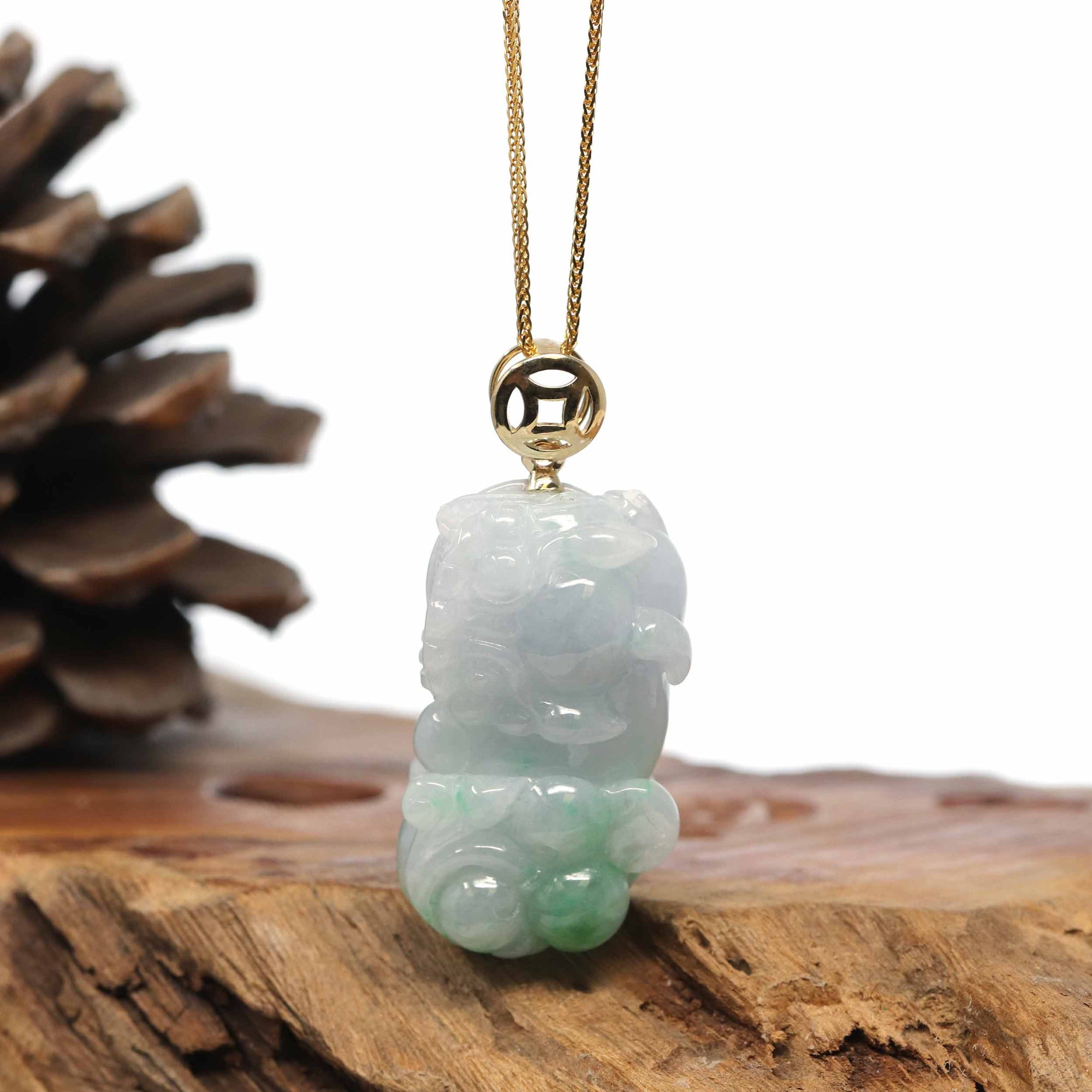 Baikalla Jewelry genuine jadeite carving Genuine Burmese Lavender-Green Jadeite Jade PiXiu Pendant Necklace With 18K Gold Bail