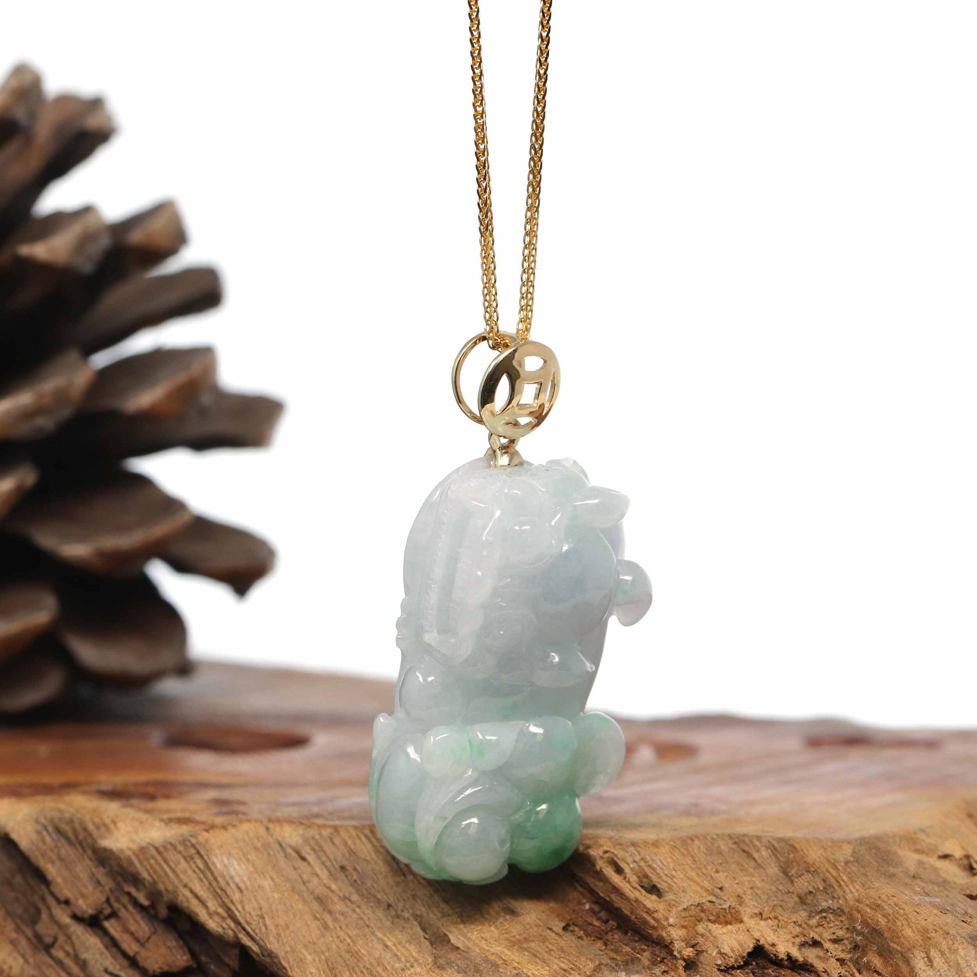 Baikalla Jewelry genuine jadeite carving Genuine Burmese Lavender-Green Jadeite Jade PiXiu Pendant Necklace With 18K Gold Bail