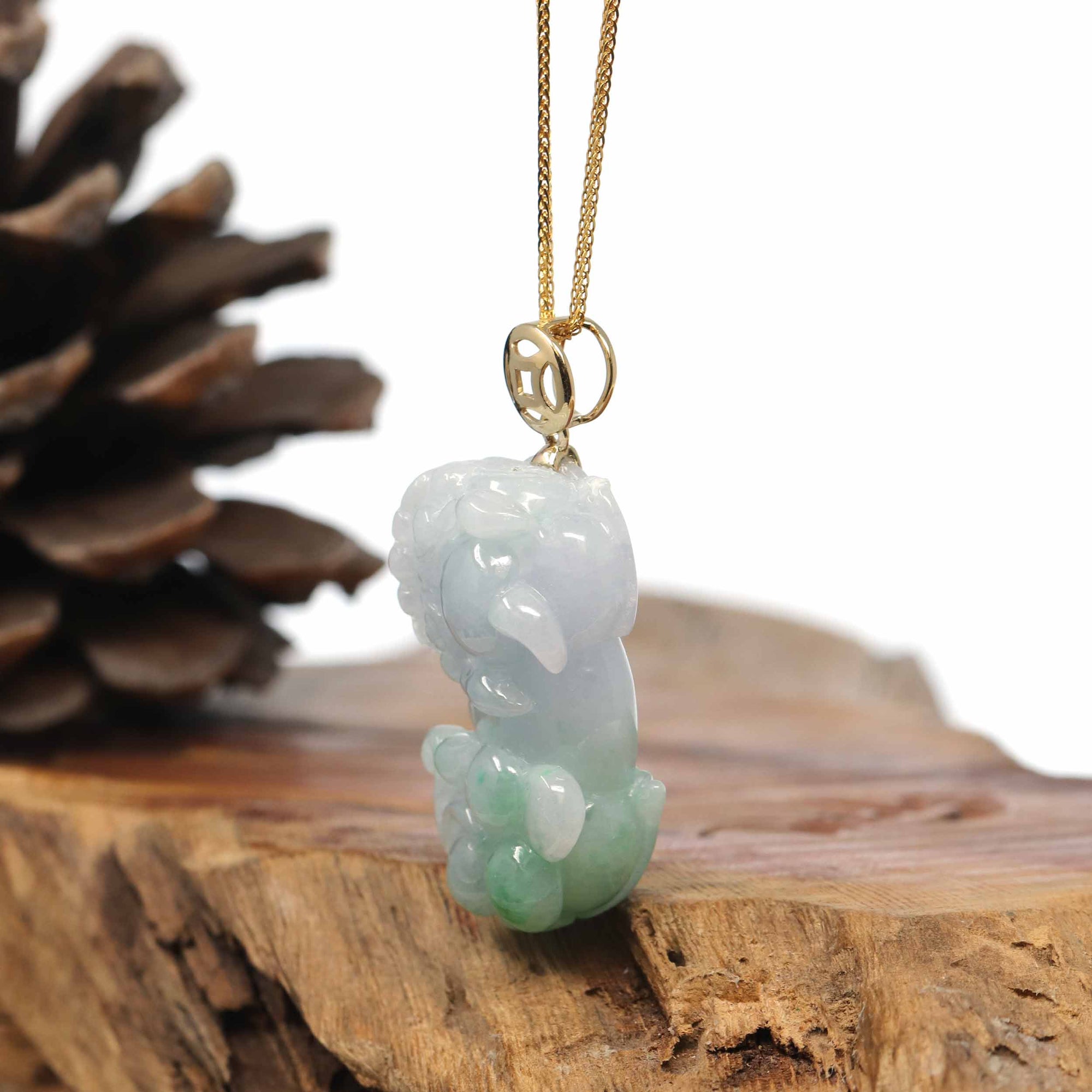 Baikalla Jewelry genuine jadeite carving Genuine Burmese Lavender-Green Jadeite Jade PiXiu Pendant Necklace With 18K Gold Bail