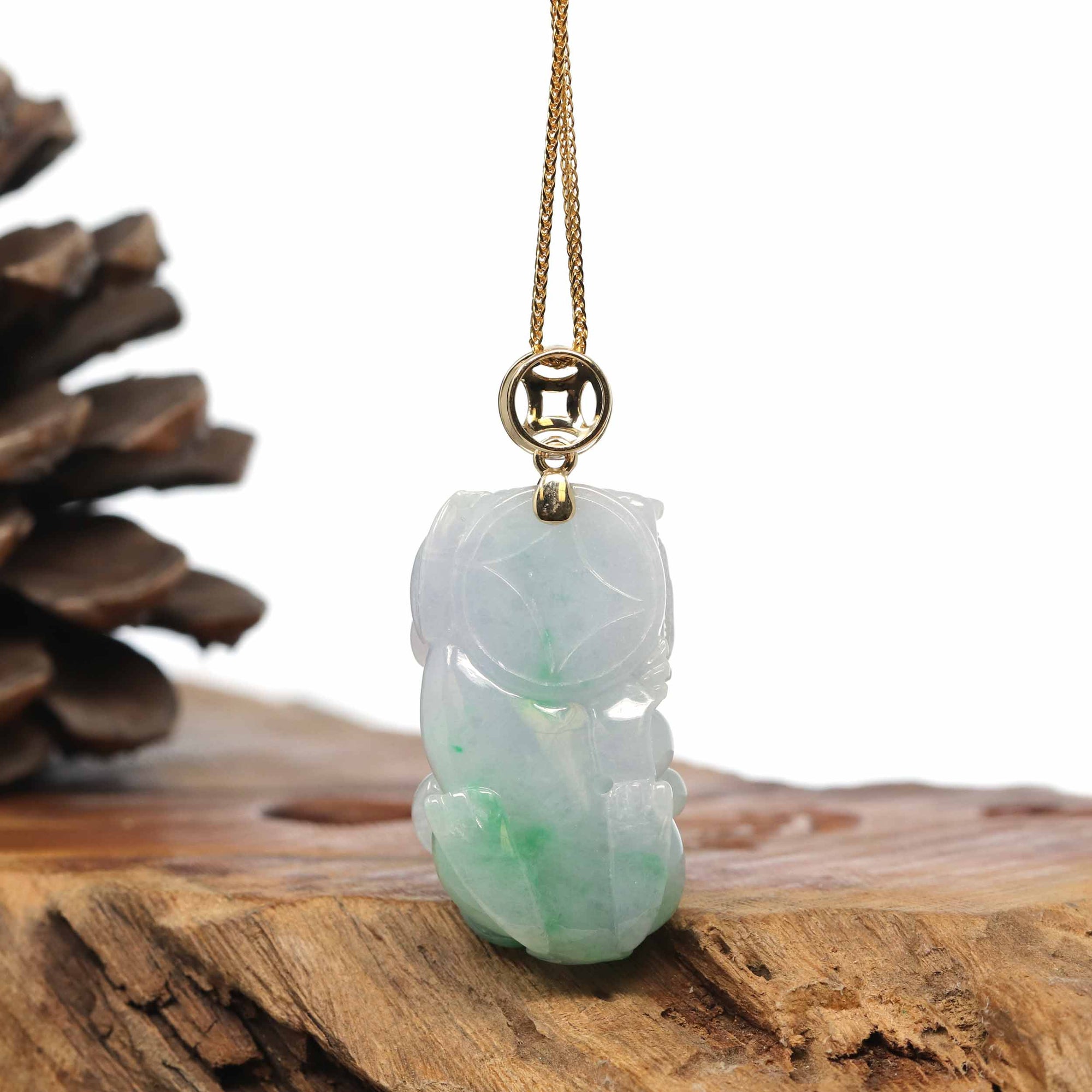 Baikalla Jewelry genuine jadeite carving Genuine Burmese Lavender-Green Jadeite Jade PiXiu Pendant Necklace With 18K Gold Bail