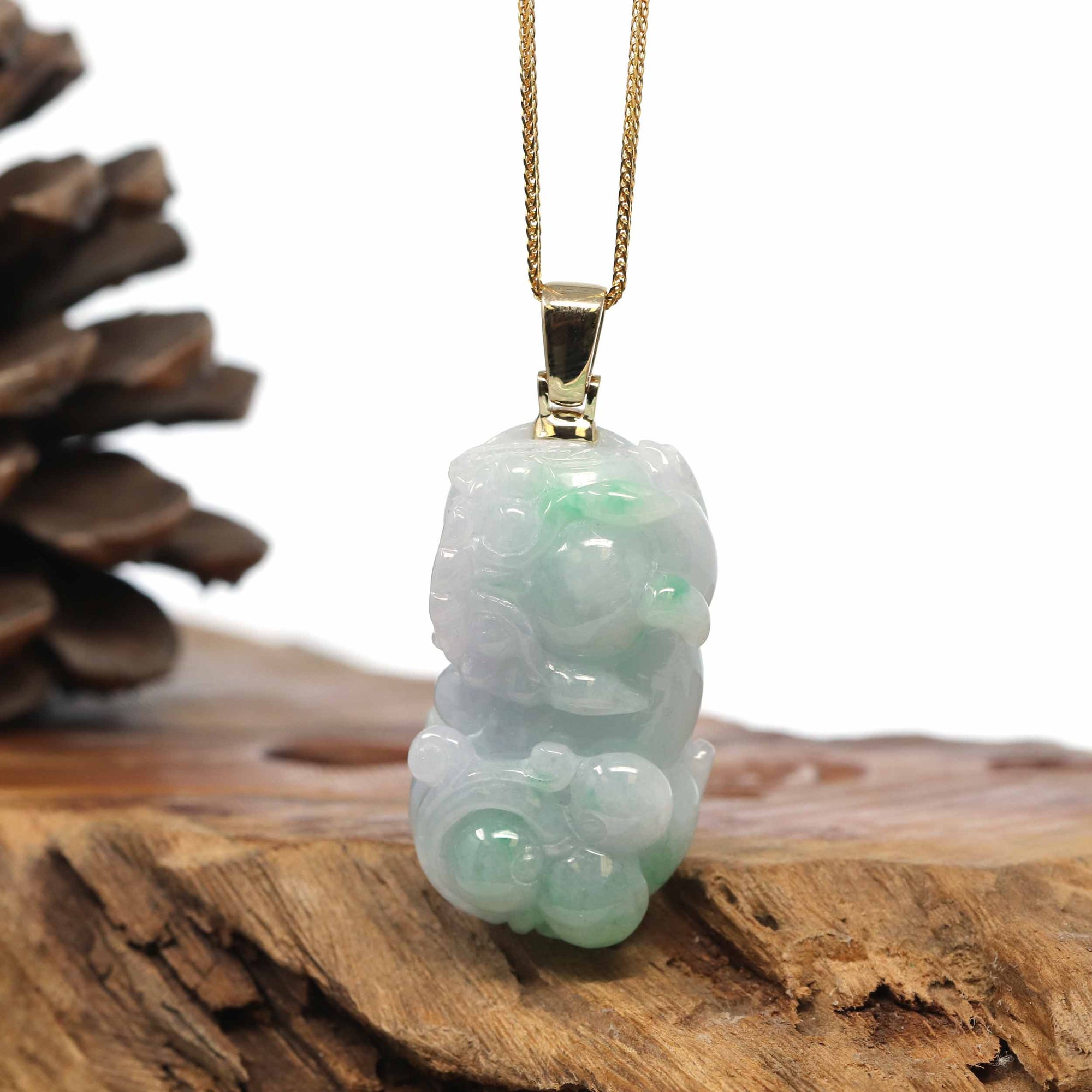 Baikalla Jewelry genuine jadeite carving Genuine Burmese Lavender-Green Jadeite Jade PiXiu Pendant Necklace With 18K Gold Bail