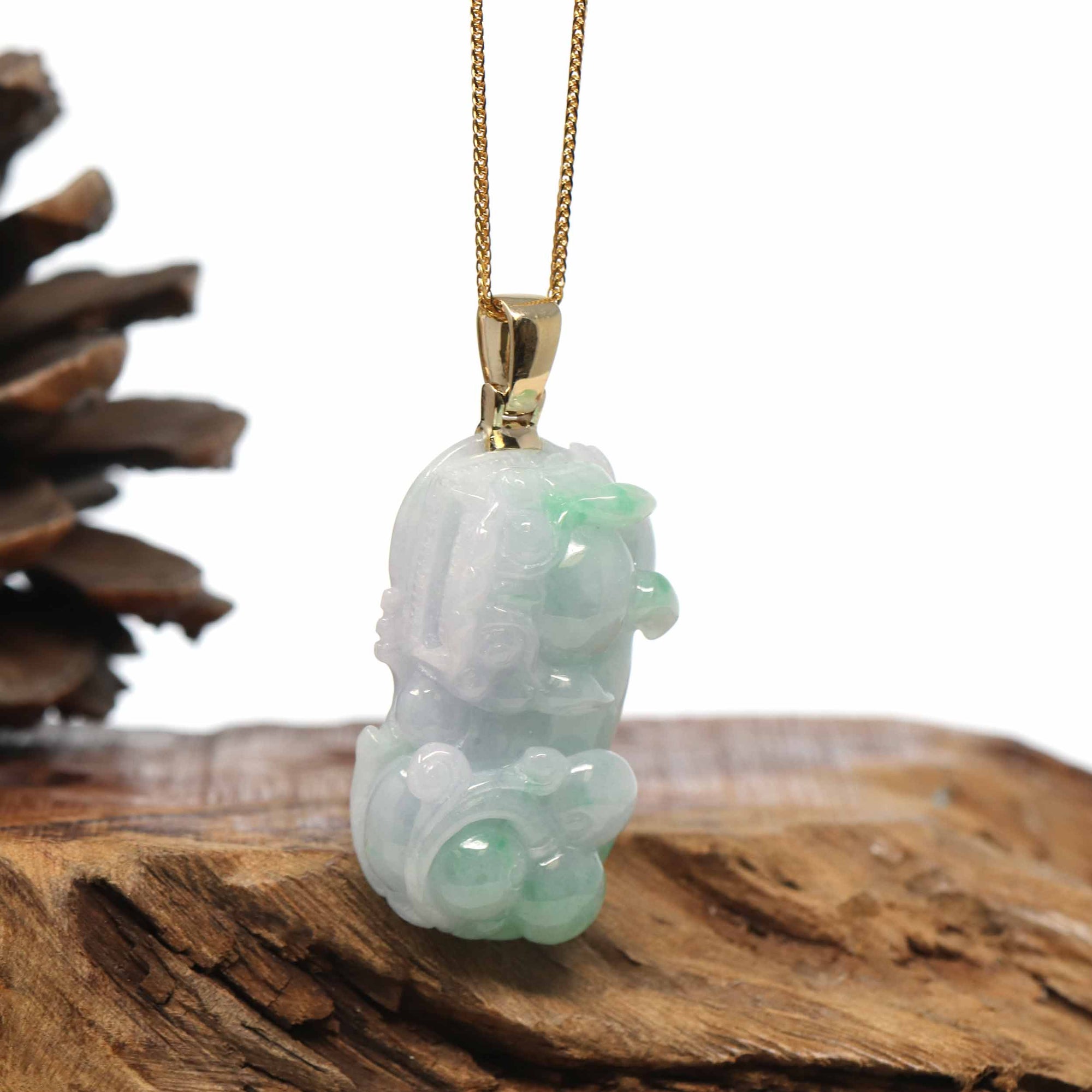 Baikalla Jewelry genuine jadeite carving Genuine Burmese Lavender-Green Jadeite Jade PiXiu Pendant Necklace With 18K Gold Bail