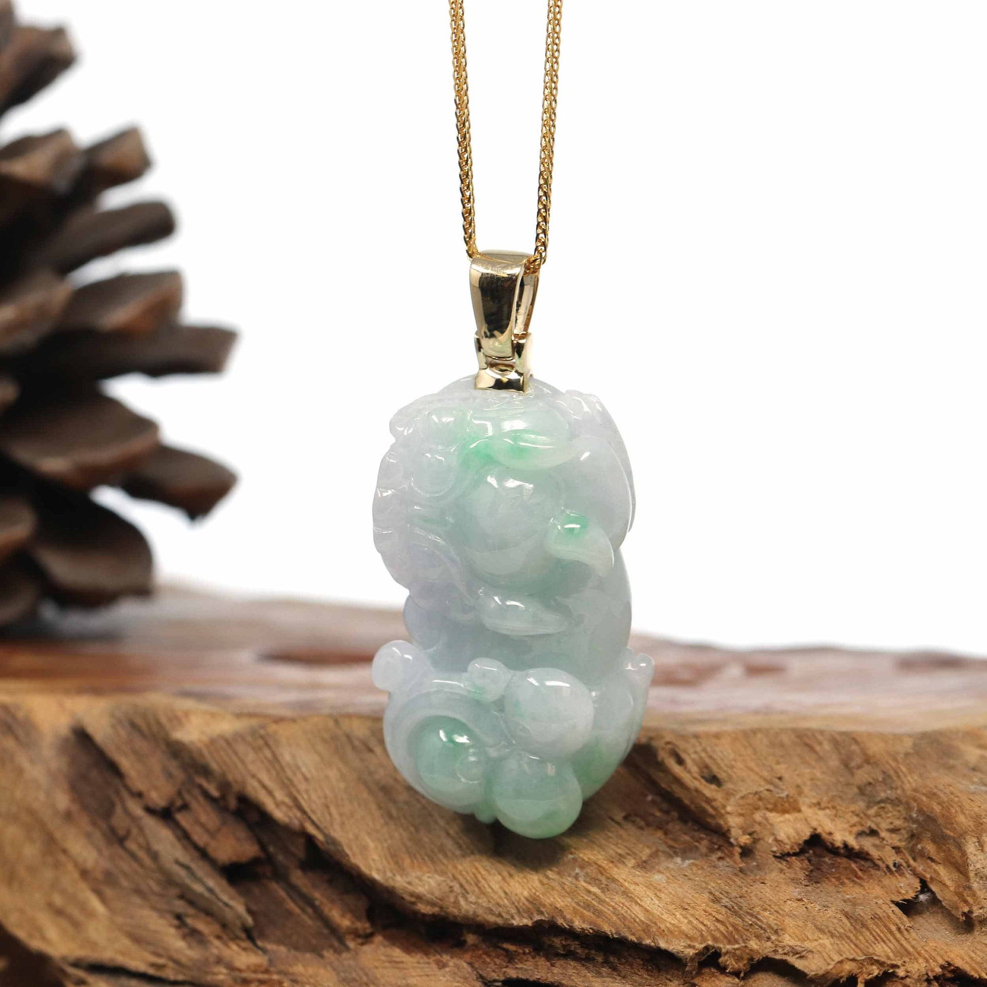 Baikalla Jewelry genuine jadeite carving Genuine Burmese Lavender-Green Jadeite Jade PiXiu Pendant Necklace With 18K Gold Bail