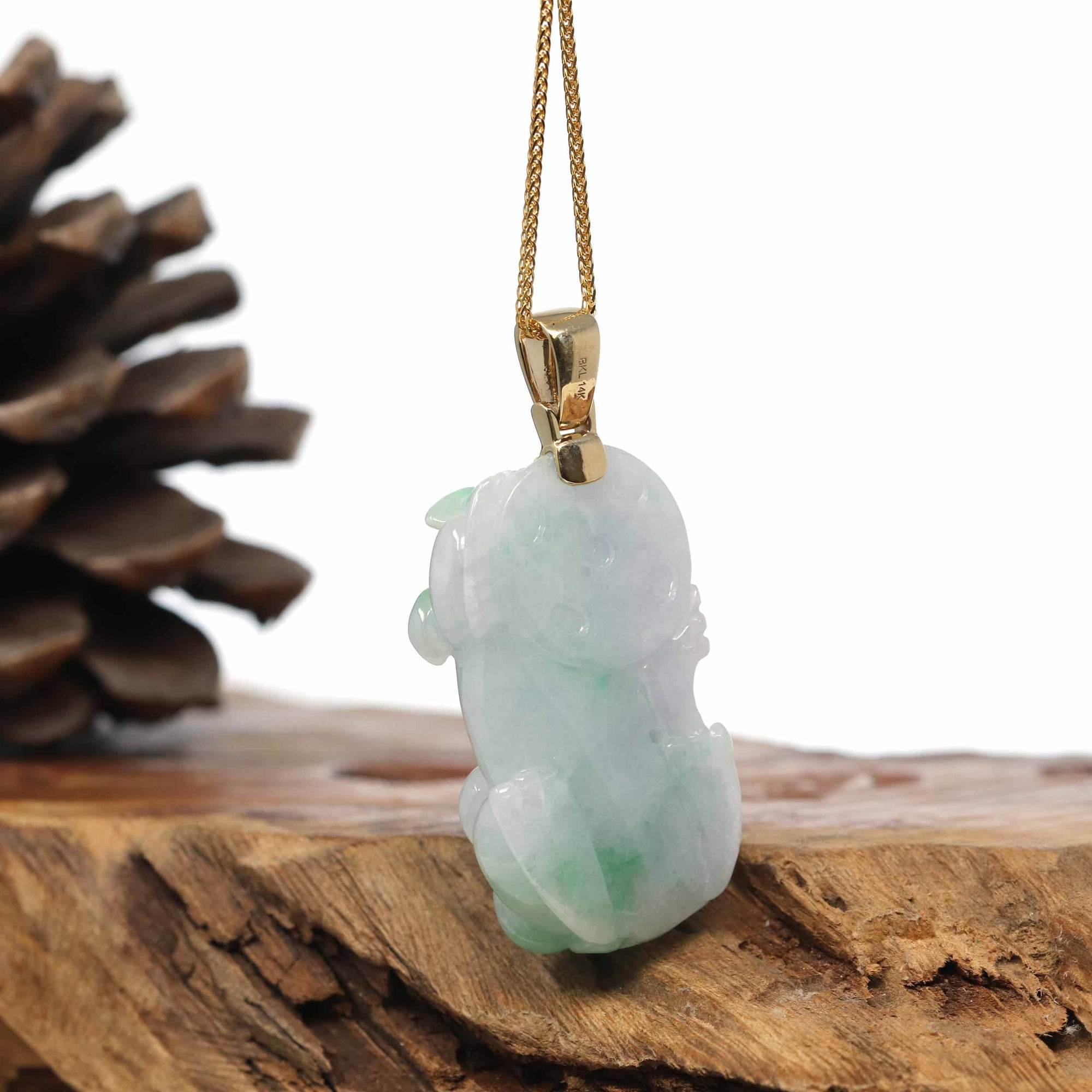 Baikalla Jewelry genuine jadeite carving Genuine Burmese Lavender-Green Jadeite Jade PiXiu Pendant Necklace With 18K Gold Bail