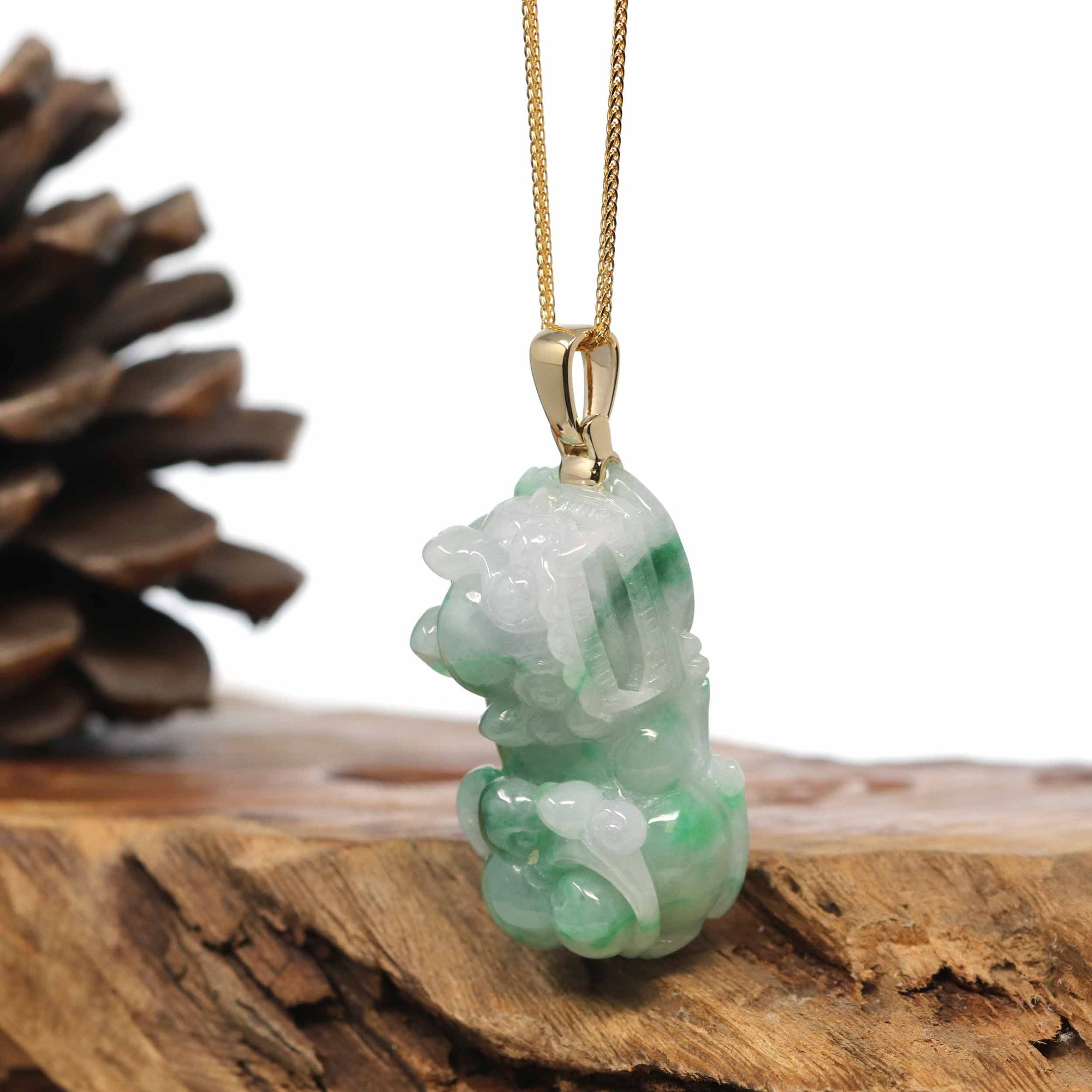 Baikalla Jewelry genuine jadeite carving Genuine Burmese Lavender-Green Jadeite Jade PiXiu Pendant Necklace With 18K Gold Bail