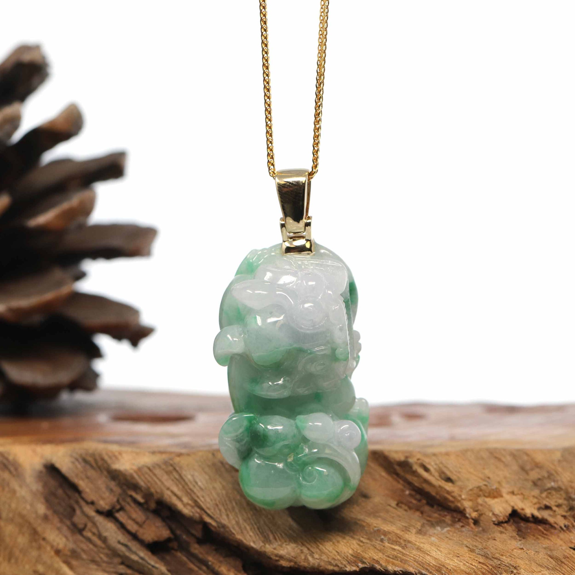 Baikalla Jewelry genuine jadeite carving Genuine Burmese Lavender-Green Jadeite Jade PiXiu Pendant Necklace With 18K Gold Bail