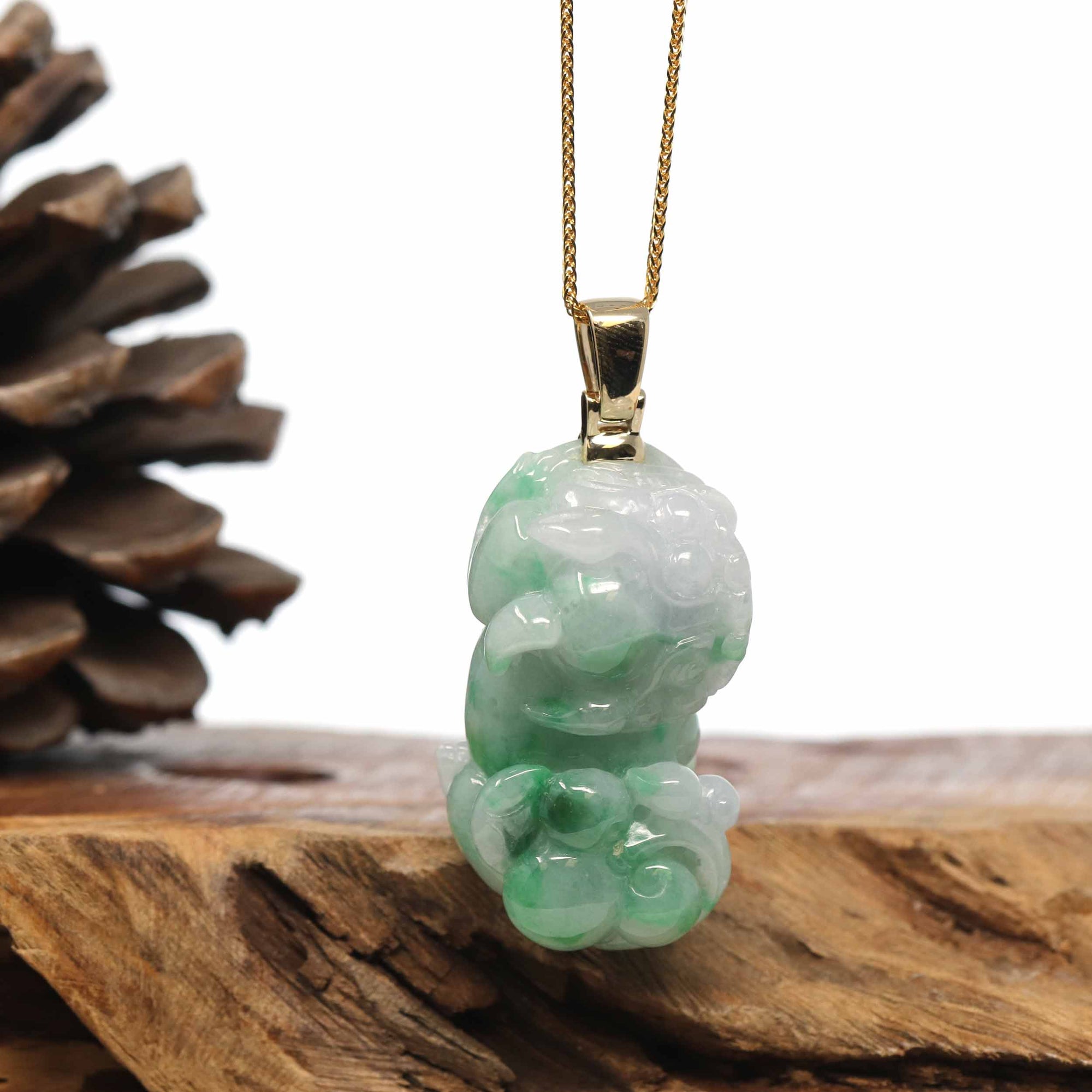 Baikalla Jewelry genuine jadeite carving Genuine Burmese Lavender-Green Jadeite Jade PiXiu Pendant Necklace With 18K Gold Bail