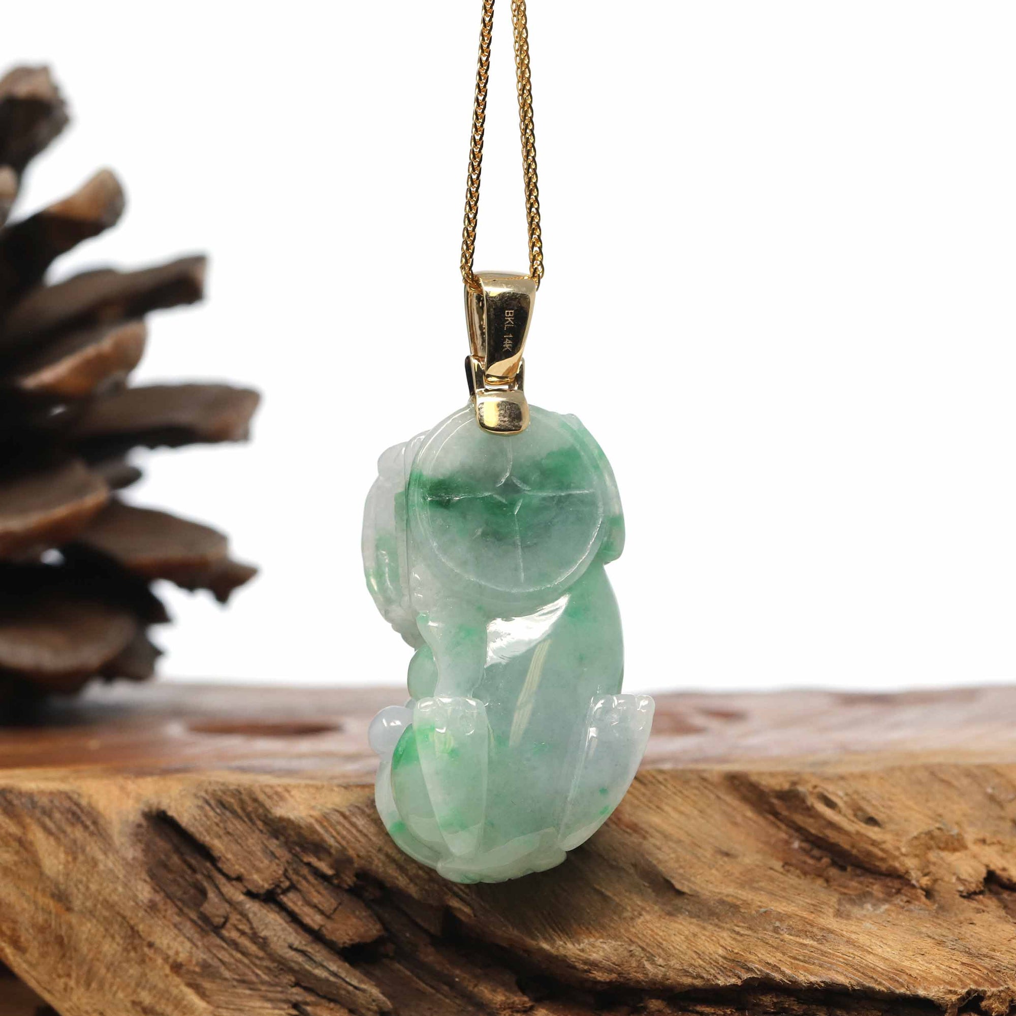 Baikalla Jewelry genuine jadeite carving Genuine Burmese Lavender-Green Jadeite Jade PiXiu Pendant Necklace With 18K Gold Bail